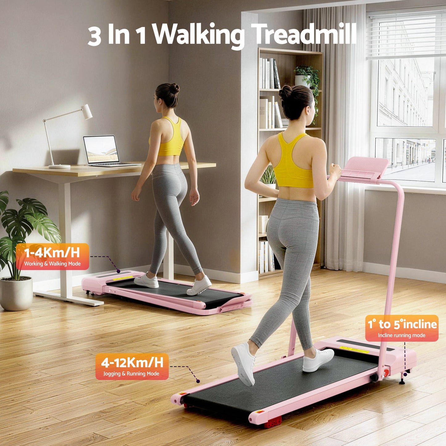 Everfit Treadmill Electric Walking Pad Incline Under Desk 380mm Pink TMILL-380H-INC-PK