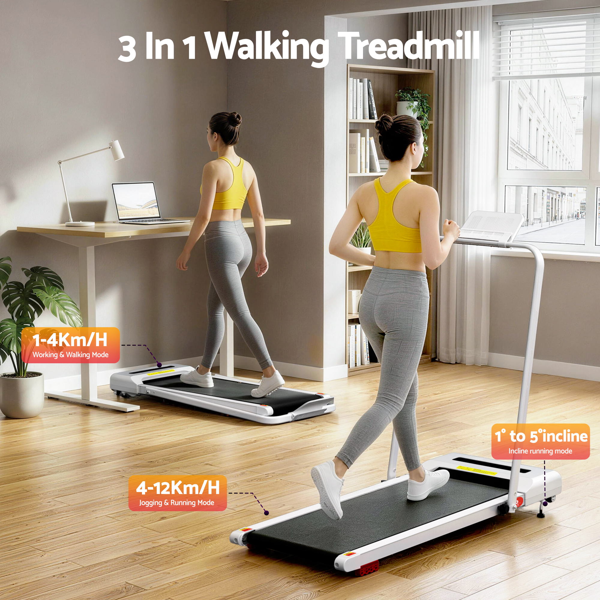 Everfit Treadmill Electric Walking Pad Incline Under Desk 380mm White