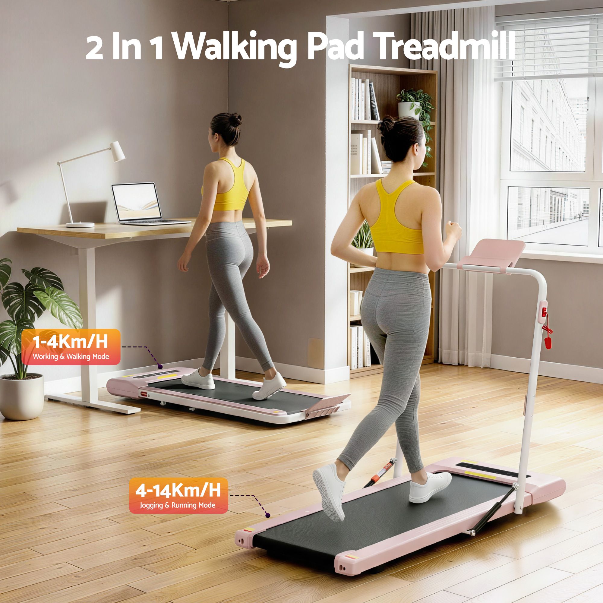 Everfit 2 in 1 Treadmill Electric Walking Pad Under Desk Home Gym Fitness 400mm Pink TMILL-400-2IN1-PK