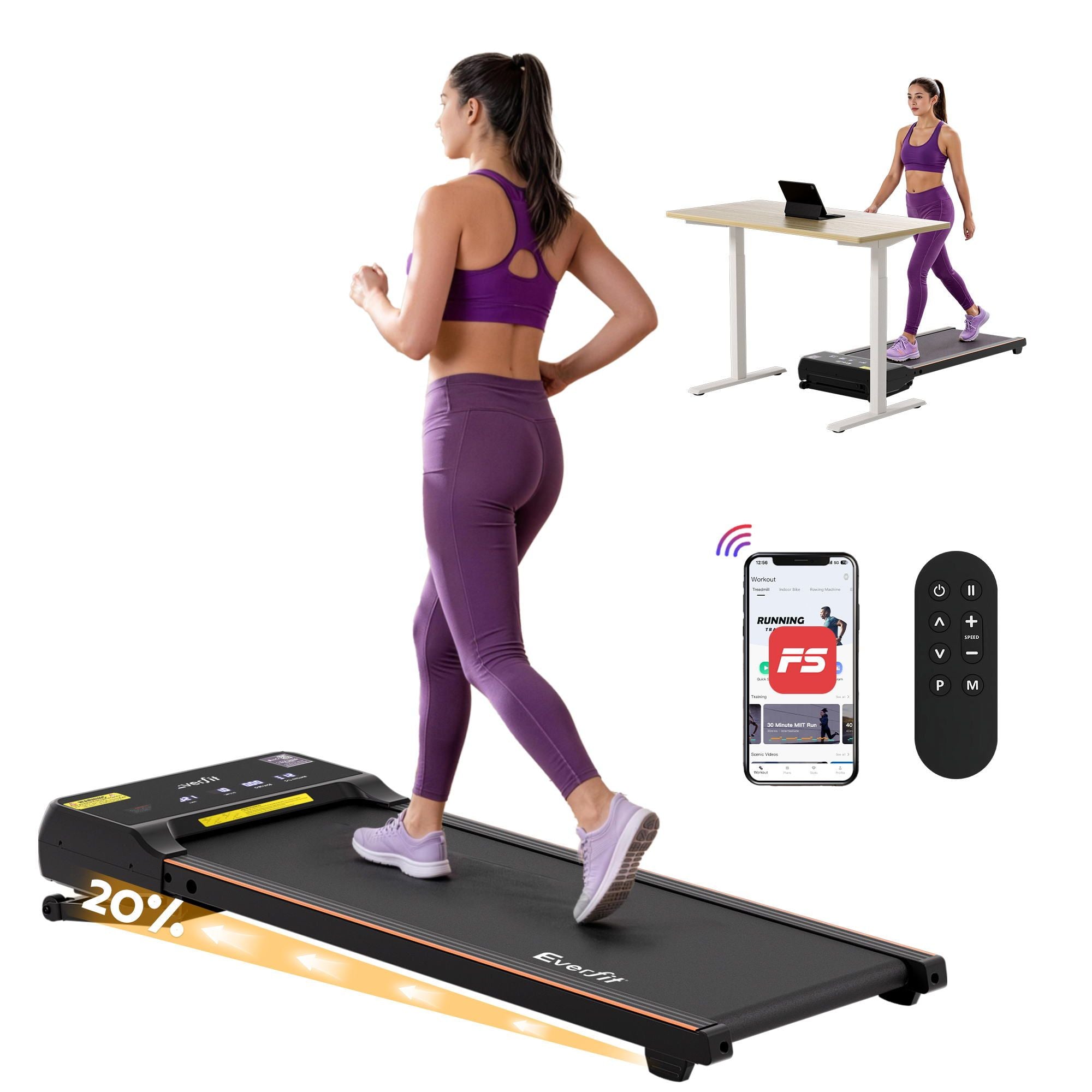 Everfit 3 in 1 Walking Pad Treadmill 20% Auto Incline Under Desk Treadmills for Home Gym With 40cm Wide Belt TMILL-400-AINC-BK