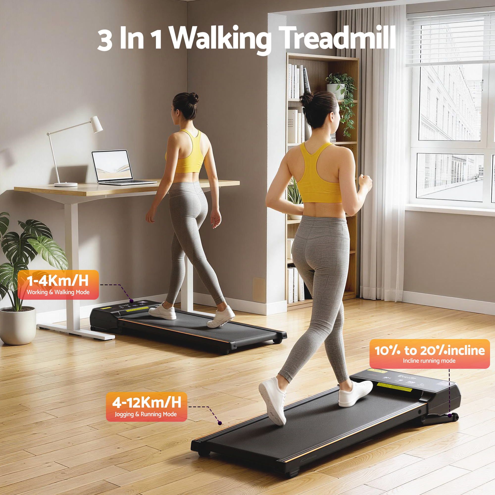 Everfit 3 in 1 Walking Pad Treadmill 20% Auto Incline Under Desk Treadmills for Home Gym With 40cm Wide Belt TMILL-400-AINC-BK