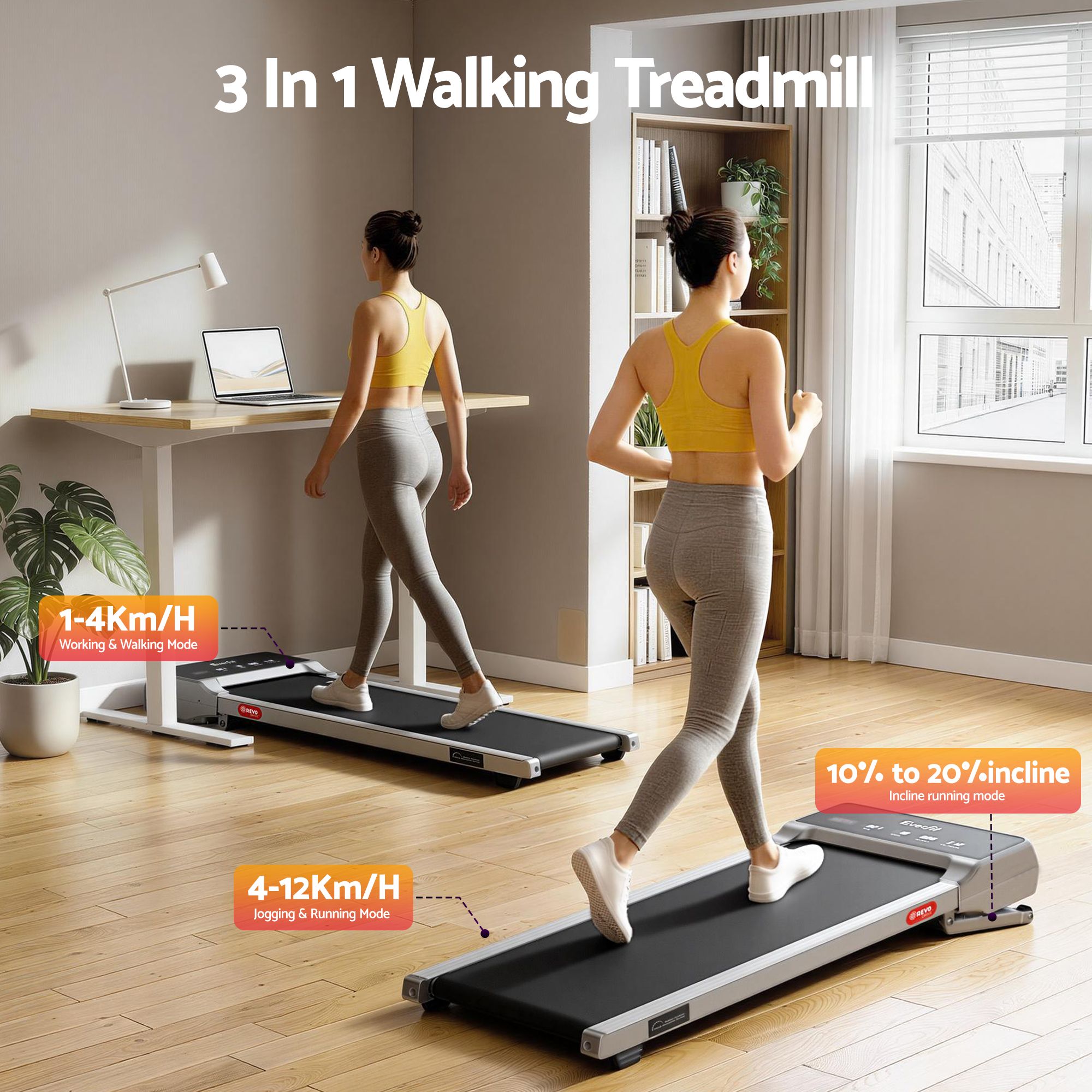 Everfit 3 in 1 Walking Pad Treadmill 20% Auto Incline Under Desk Treadmills for Home Gym With 40cm Wide Belt Sliver