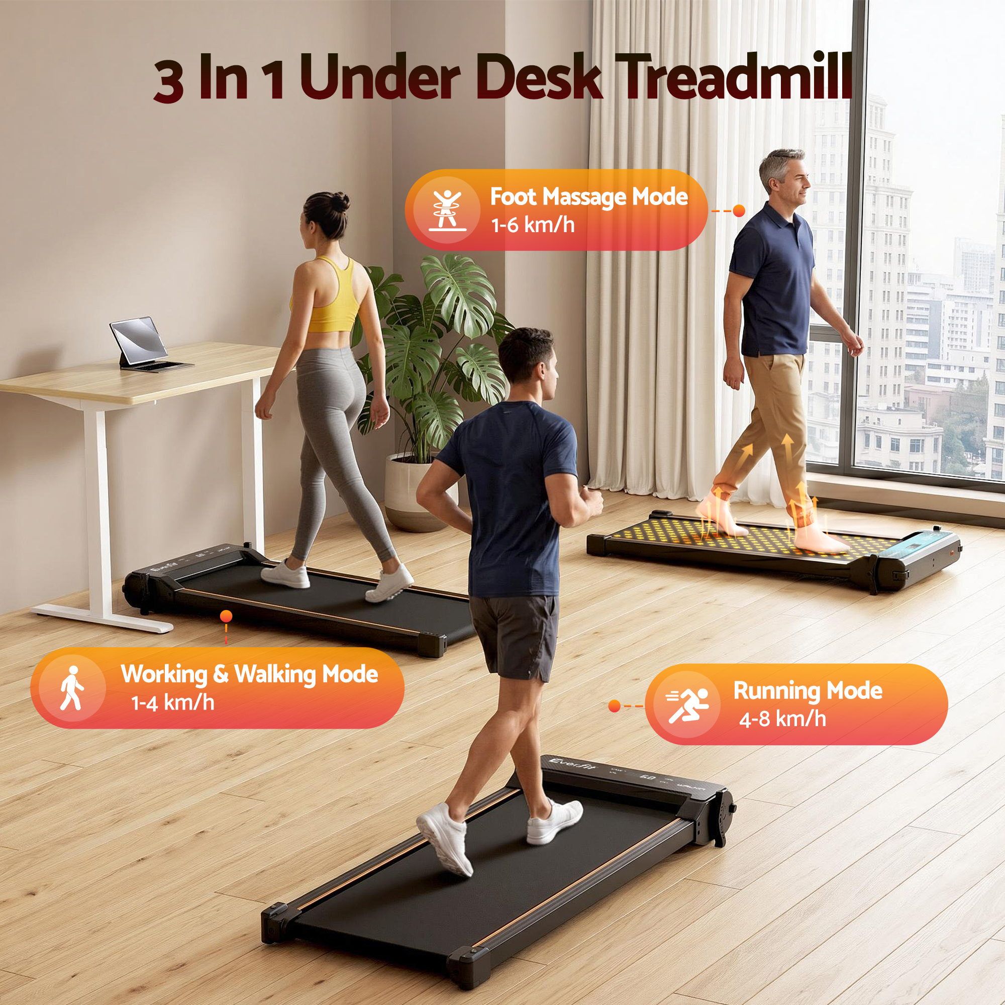 Everfit 2 in 1 Walking Pad Treadmill Dual-Sided Under Desk Treadmills with Foot Massage for Home Gym with App TMILL-400-FMS-PAD