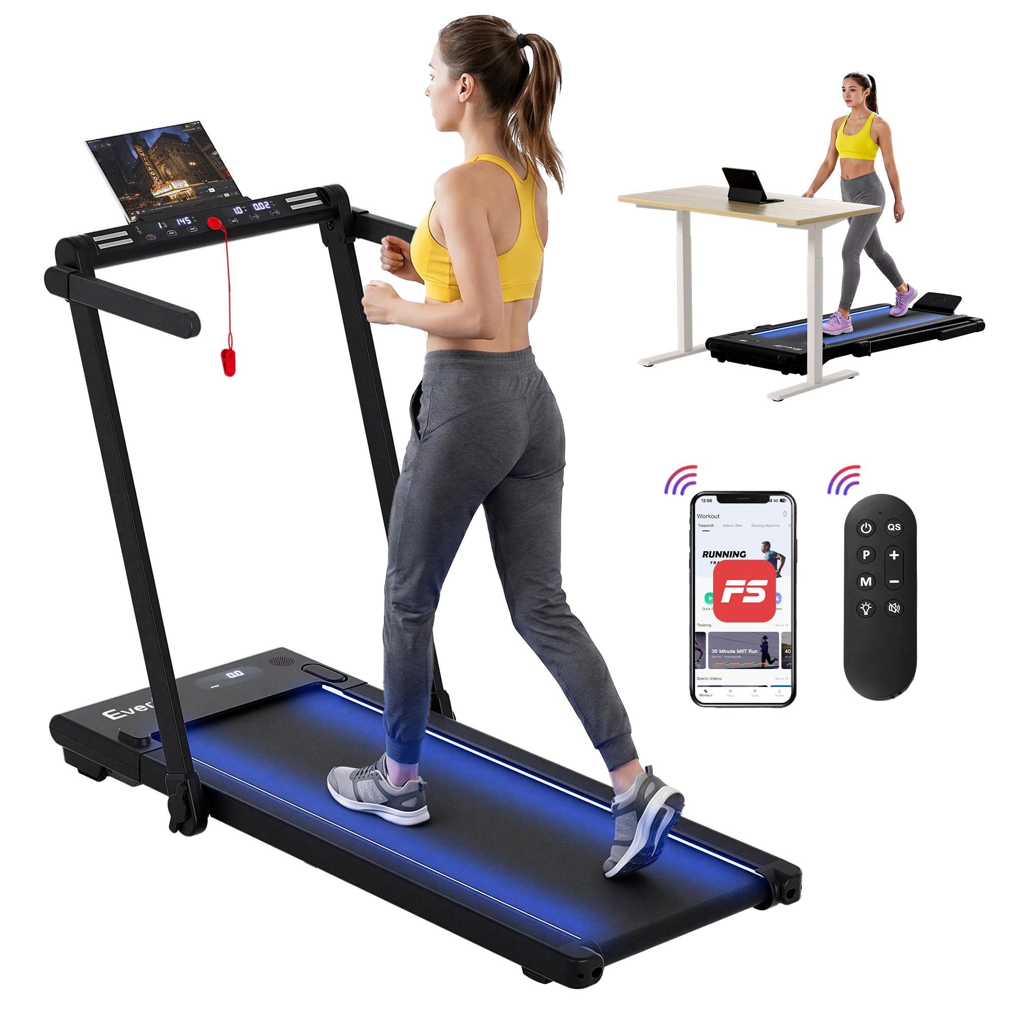 Everfit 3 in 1 Walking Pad Treadmill With Led Lights Foldable Under Desk Treadmills for Home Gym 40cm Wide TMILL-400-LED-BK