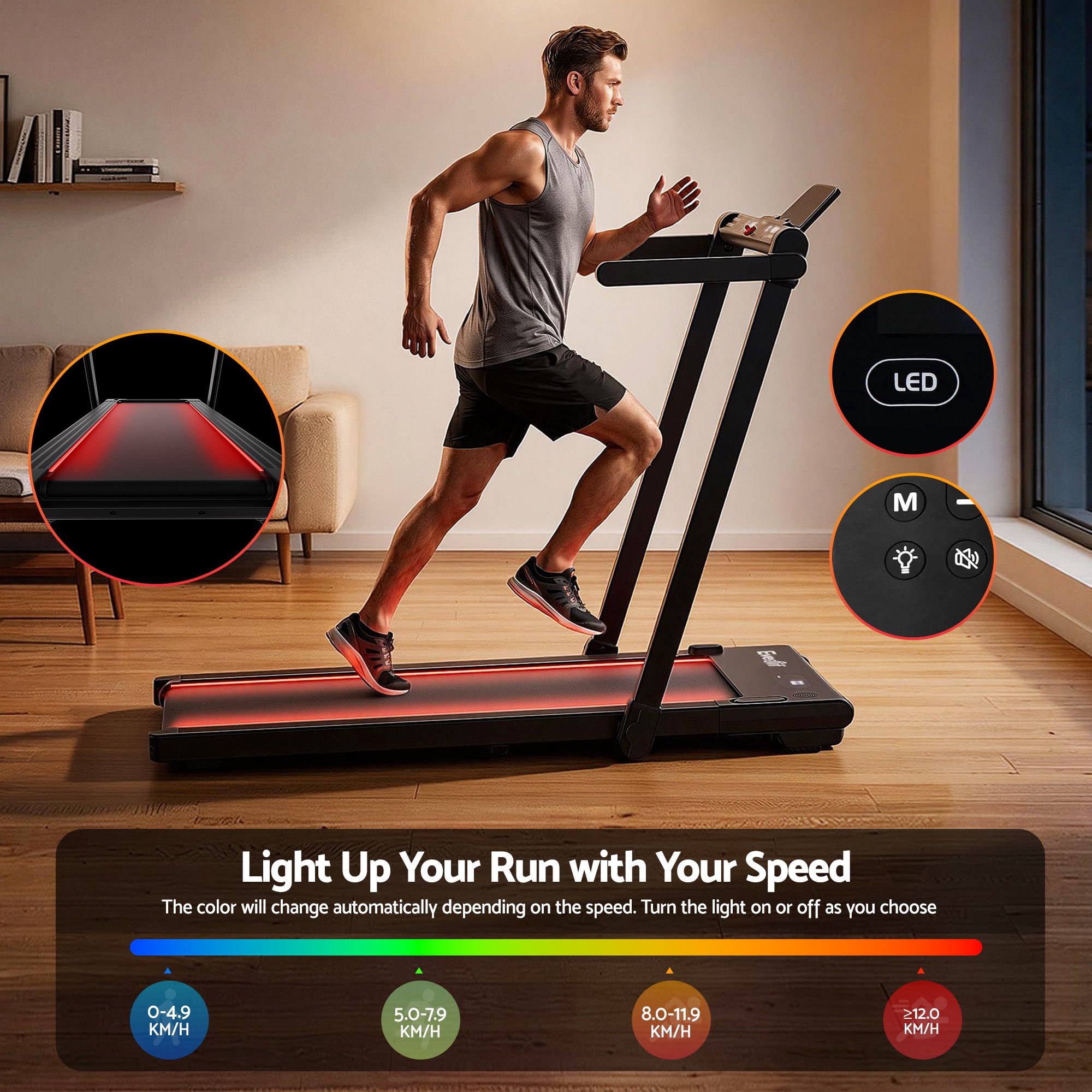 Everfit 3 in 1 Walking Pad Treadmill With Led Lights Foldable Under Desk Treadmills for Home Gym 40cm Wide TMILL-400-LED-BK