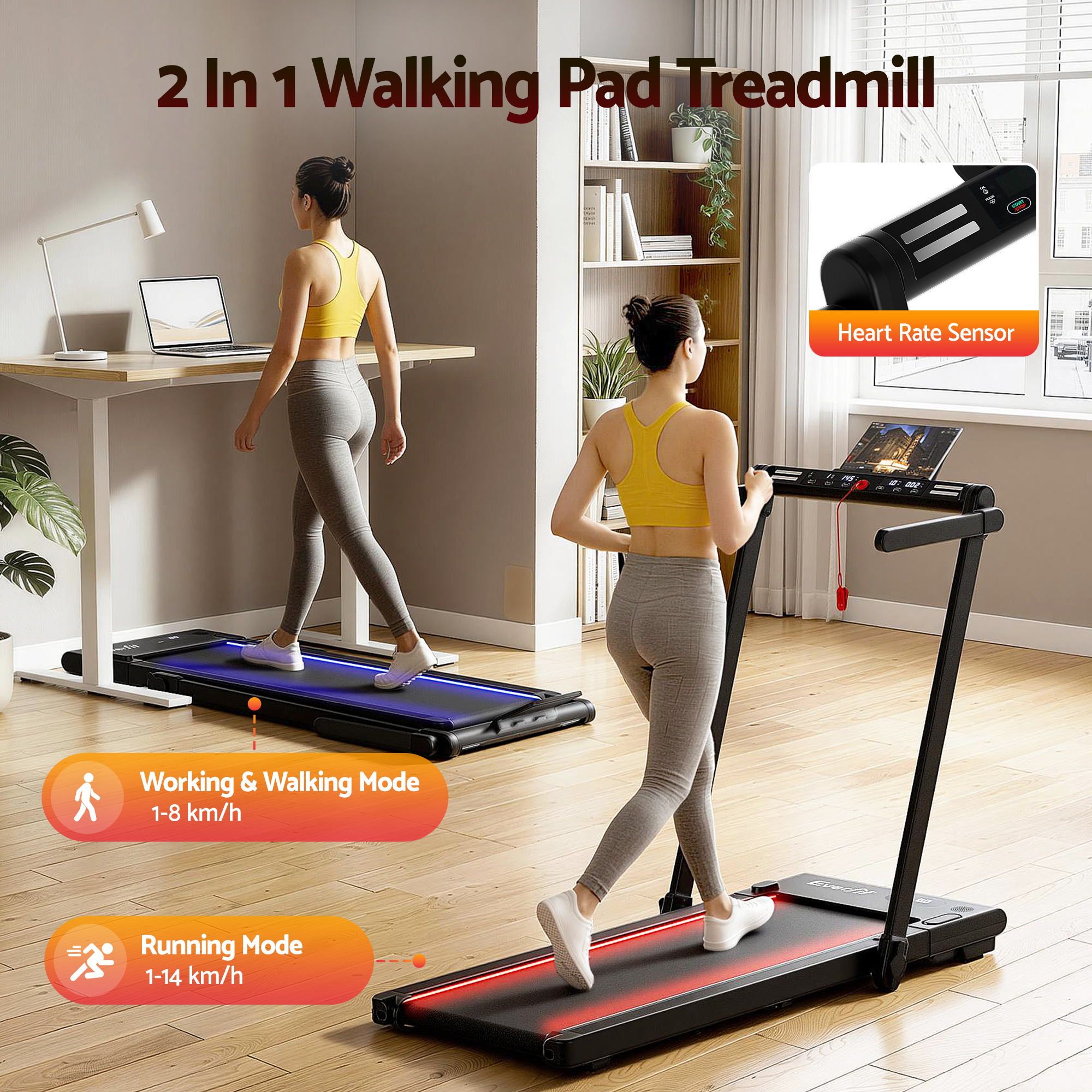 Everfit 3 in 1 Walking Pad Treadmill With Led Lights Foldable Under Desk Treadmills for Home Gym 40cm Wide TMILL-400-LED-BK