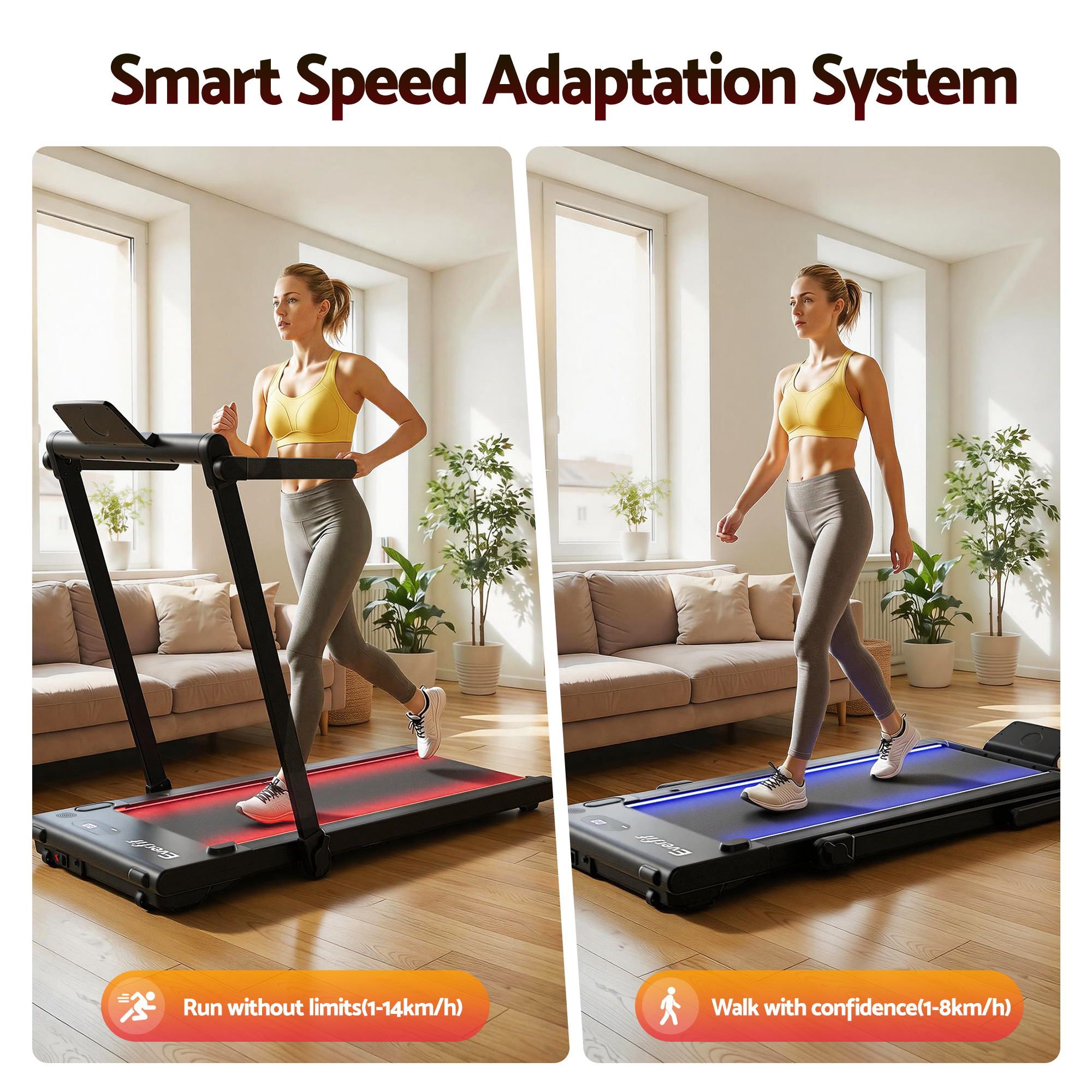 Everfit 3 in 1 Walking Pad Treadmill With Led Lights Foldable Under Desk Treadmills for Home Gym 40cm Wide TMILL-400-LED-BK
