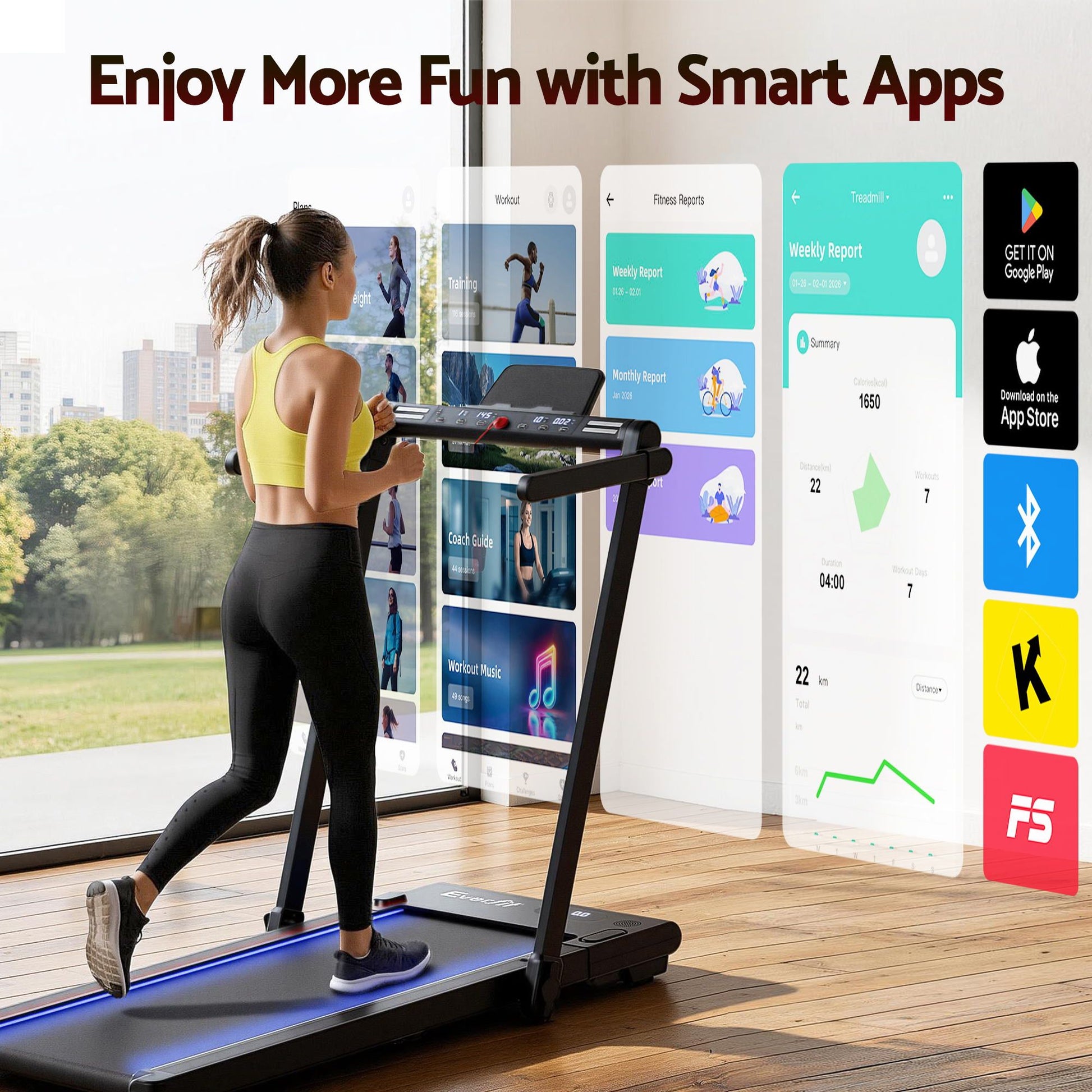 Everfit 3 in 1 Walking Pad Treadmill With Led Lights Foldable Under Desk Treadmills for Home Gym 40cm Wide TMILL-400-LED-BK