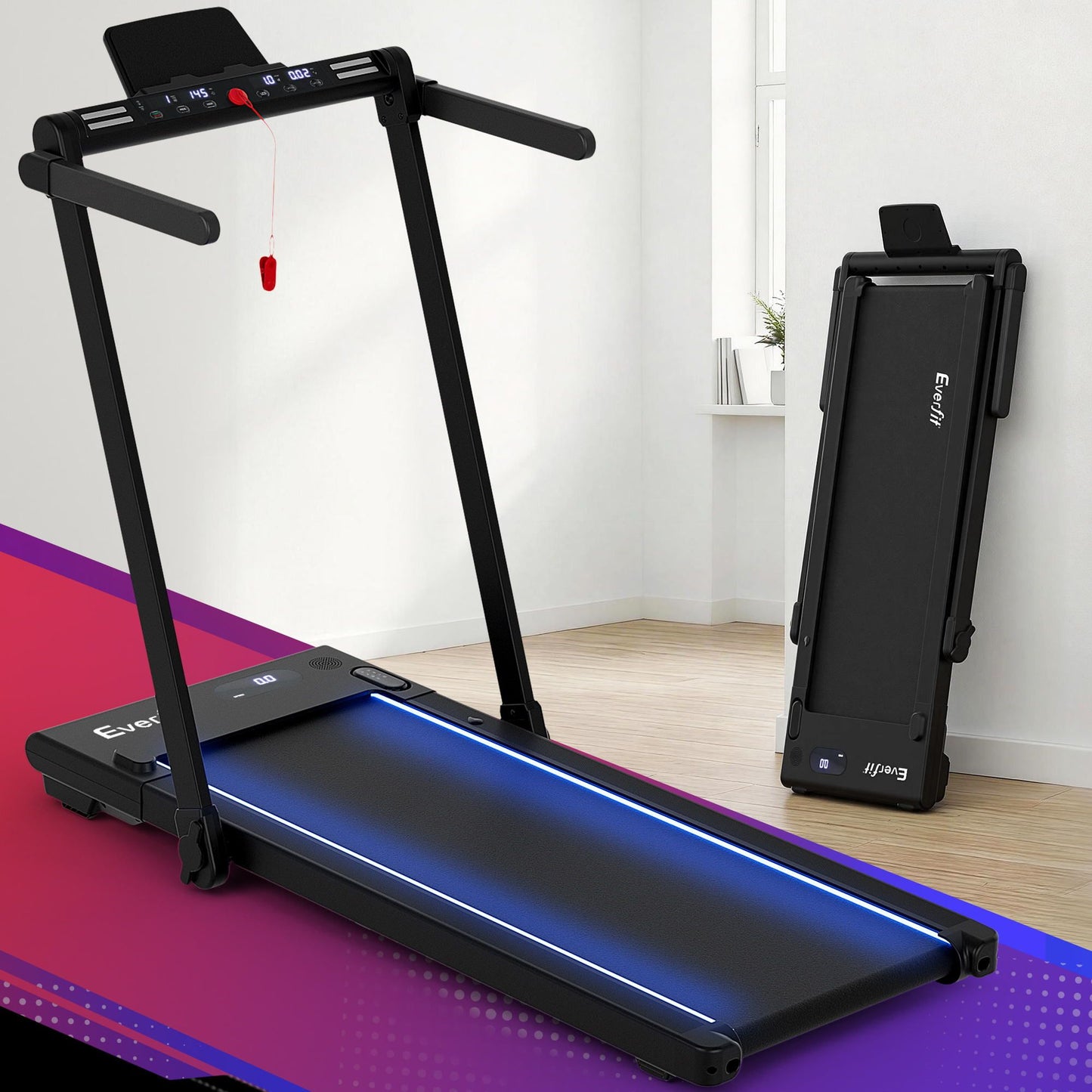 Everfit 3 in 1 Walking Pad Treadmill With Led Lights Foldable Under Desk Treadmills for Home Gym 40cm Wide TMILL-400-LED-BK