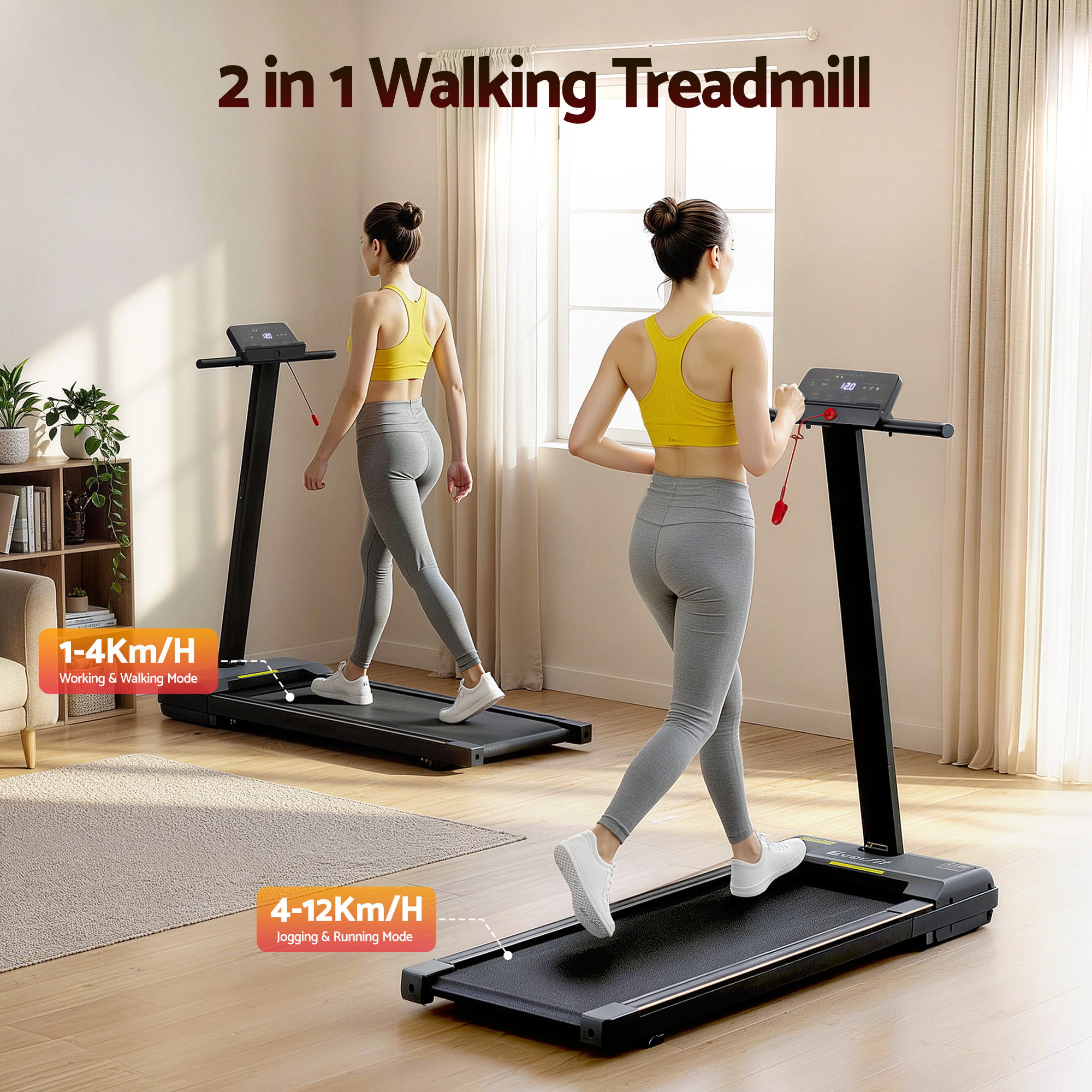 Everfit Walking Pad Treadmill 2 in 1 Foldable for Home Gym 40cm Wide Belt 12 Programs with App TMILL-400-TH-BK