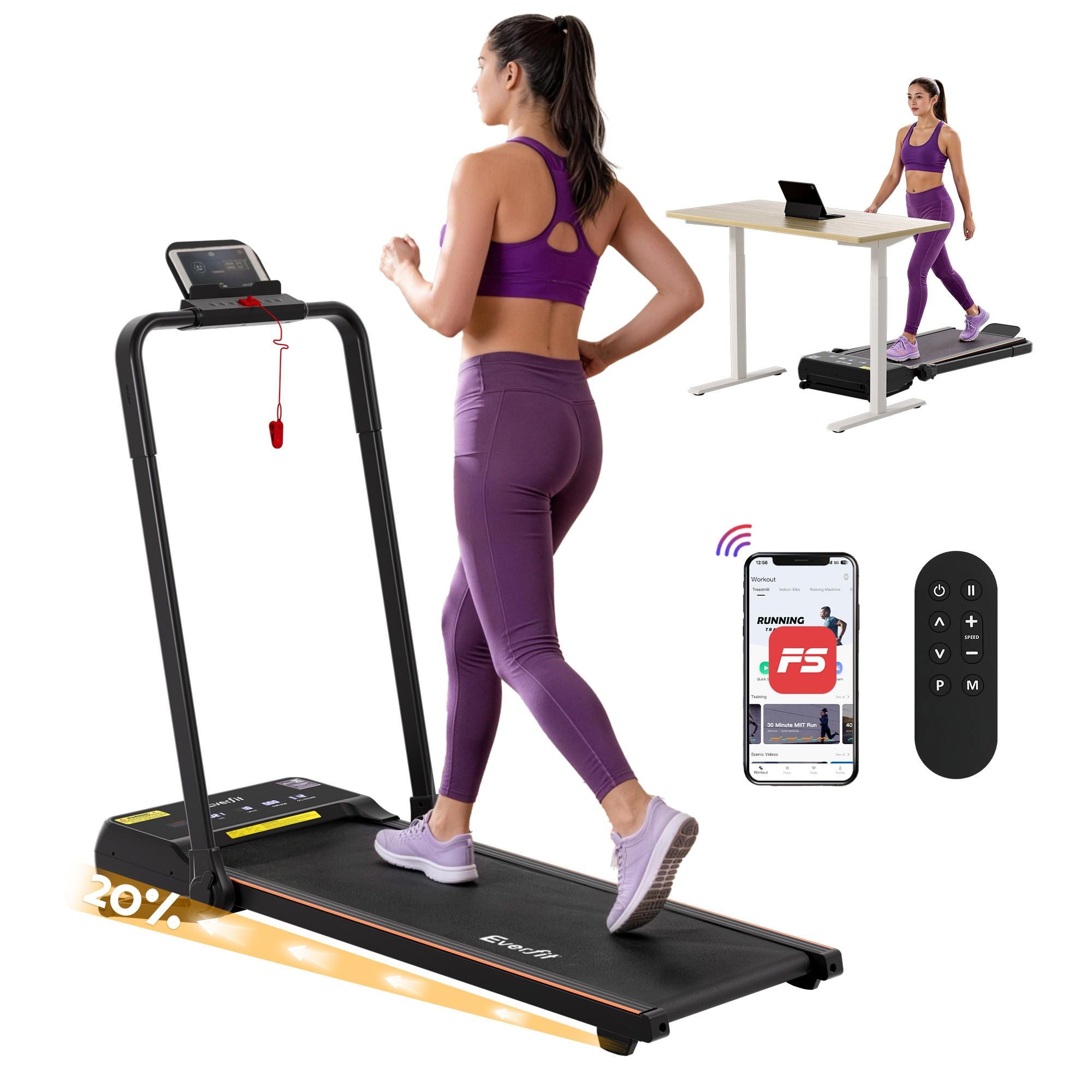 Everfit 3 in 1 Walking Pad Treadmill 20% Auto Incline Under Desk Foldable Treadmills for Home With 40cm Wide TMILL-400H-AINC-BK