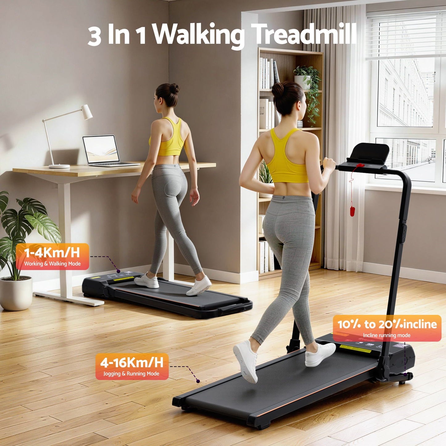 Everfit 3 in 1 Walking Pad Treadmill 20% Auto Incline Under Desk Foldable Treadmills for Home With 40cm Wide TMILL-400H-AINC-BK