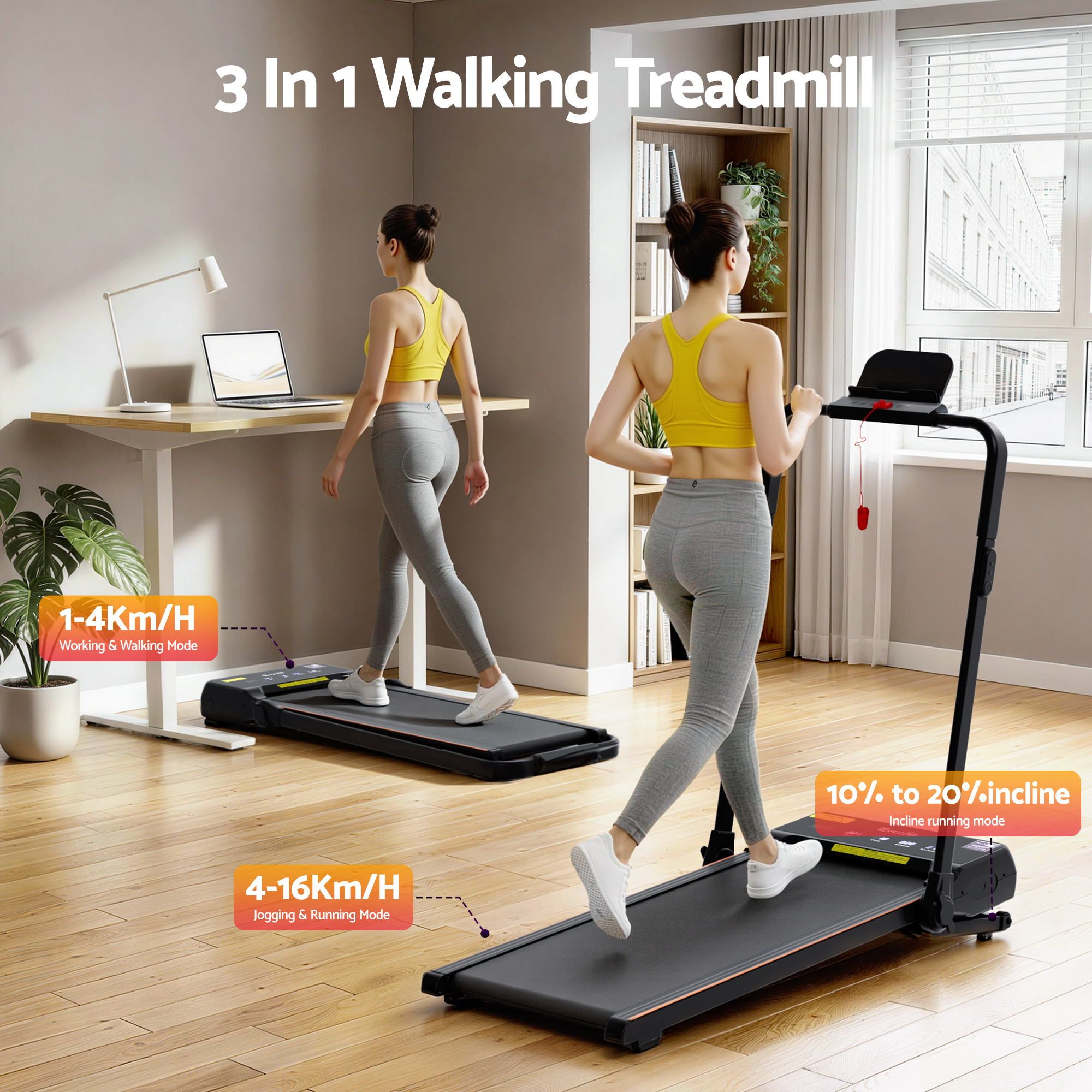 Everfit 3 in 1 Walking Pad Treadmill 20% Auto Incline Under Desk Foldable Treadmills for Home With 40cm Wide TMILL-400H-AINC-BK