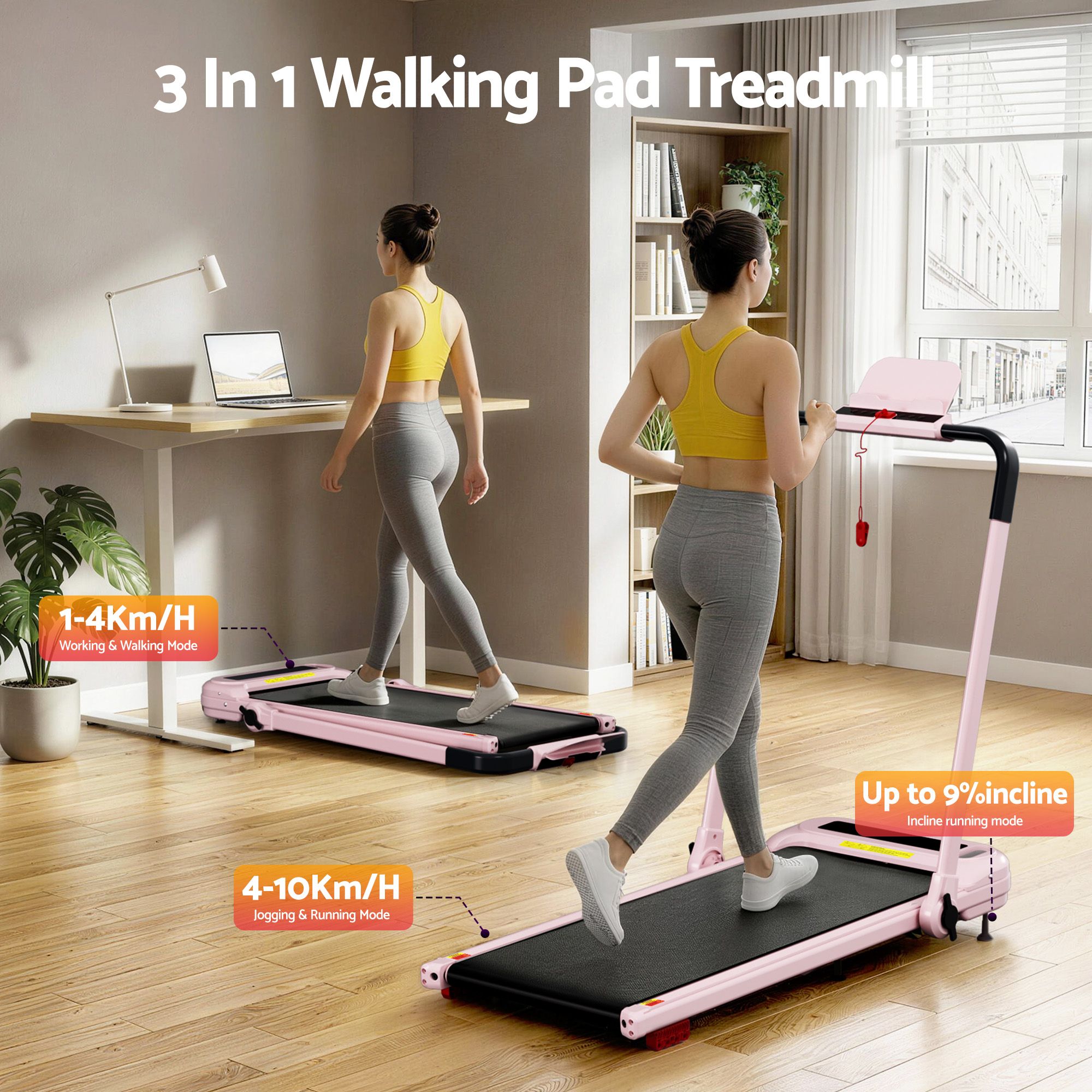 Everfit 3 in 1 Treadmill Electric Walking Pad with Incline Foldable for Home Gym Pink