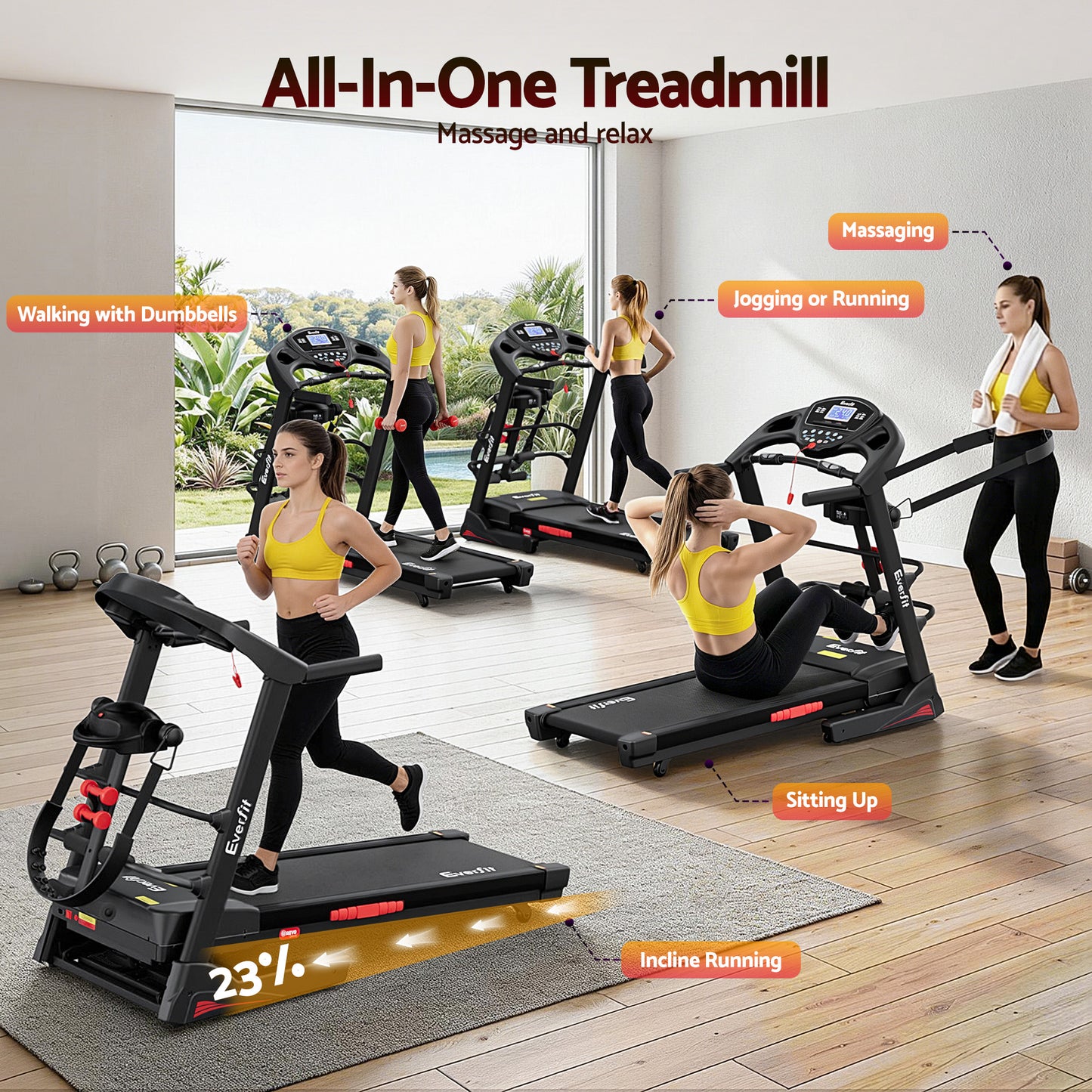 Everfit Treadmill Electric Home Gym Fitness Exercise Machine w/ Massager 480mm TMILL-480-M16-MSG