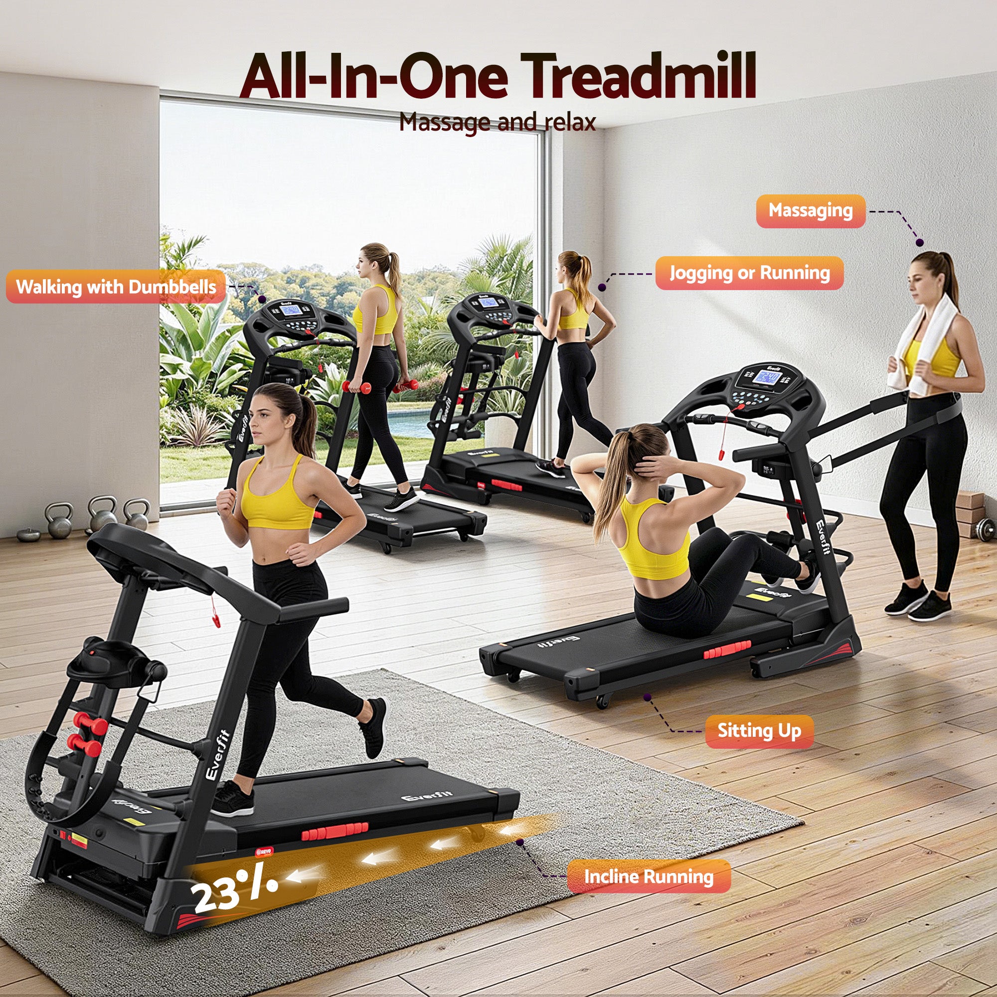 Everfit Treadmill Electric Home Gym Fitness Exercise Machine w/ Massager 480mm TMILL-480-M16-MSG