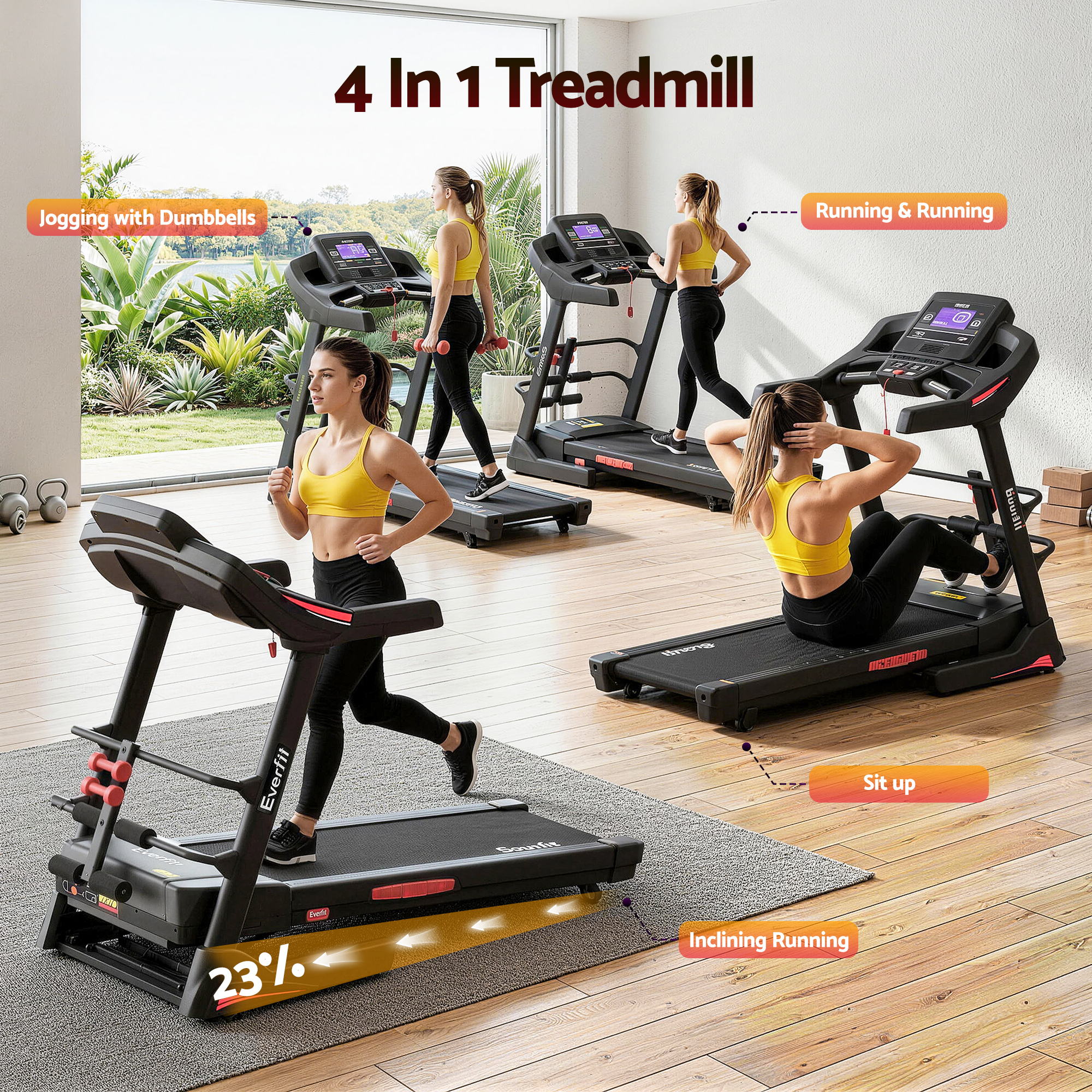 Everfit Treadmill Electric Home Gym Fitness Exercise Machine w/ Sit Up Bar 480mm TMILL-480-M804-SUB-AB