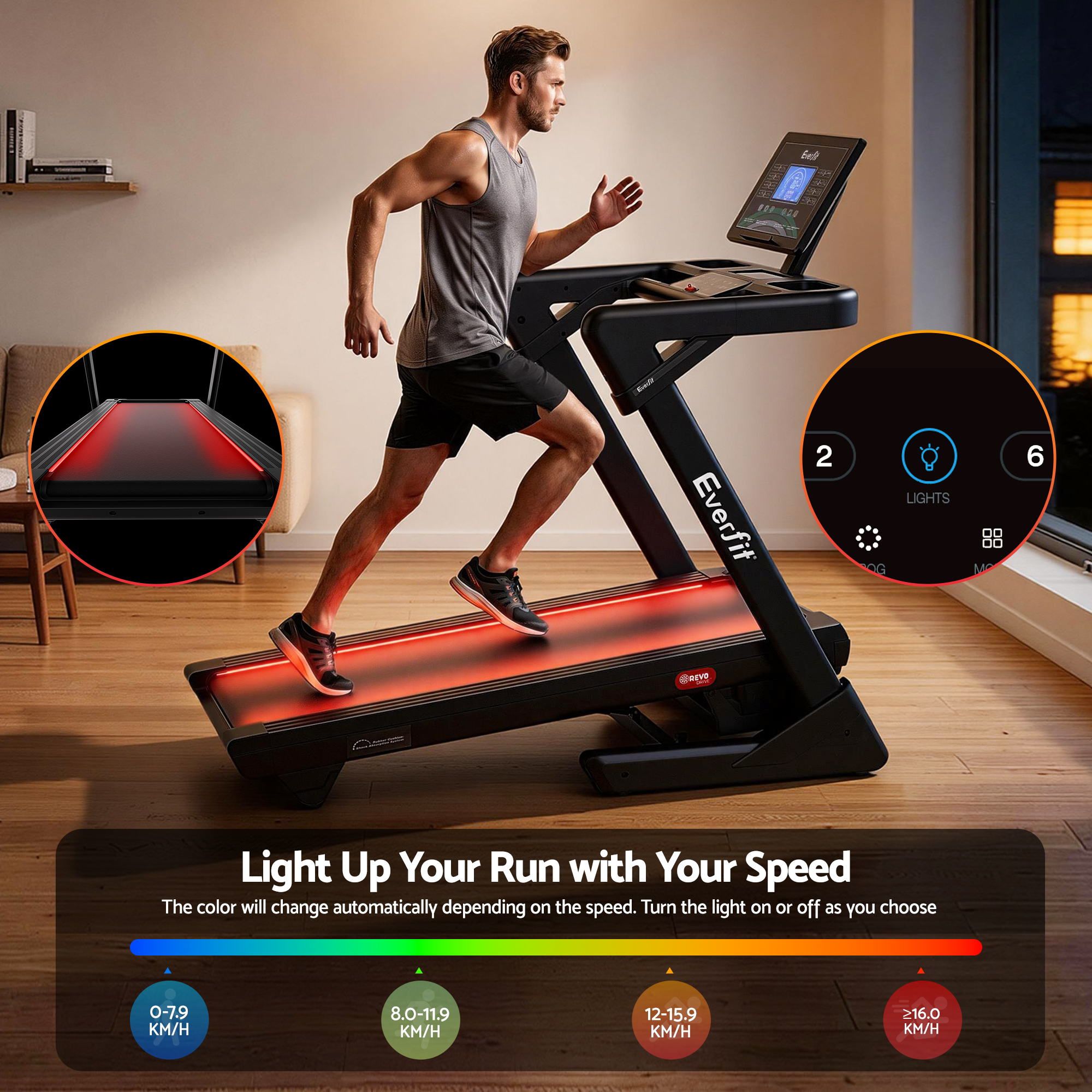Everfit 500mm Wide Belt Treadmill 30% Auto Incline Foldable Treadmills for Home with LED Lights TMILL-500-AUTO