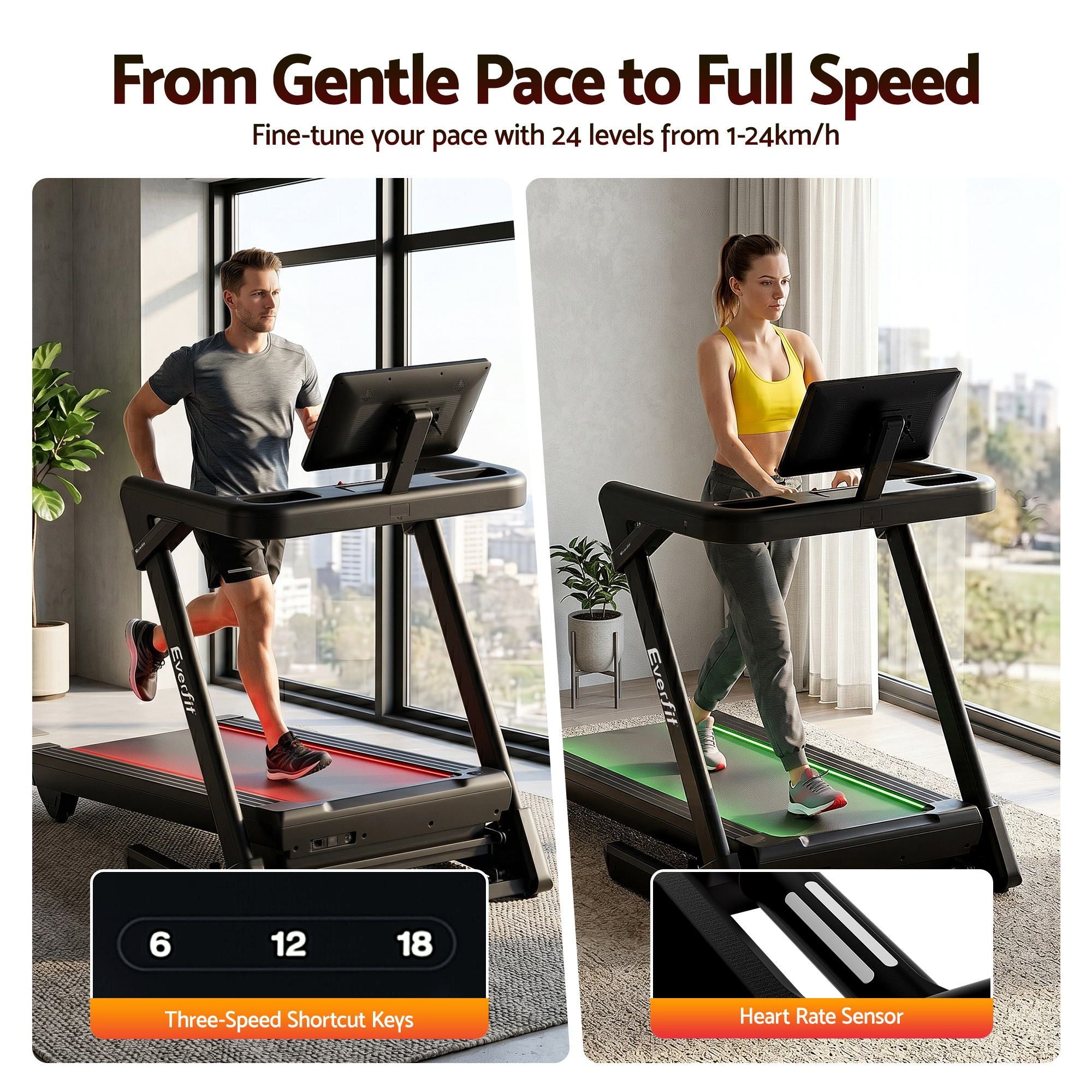 Everfit 500mm Wide Belt Treadmill 30% Auto Incline Foldable Treadmills for Home with LED Lights TMILL-500-AUTO
