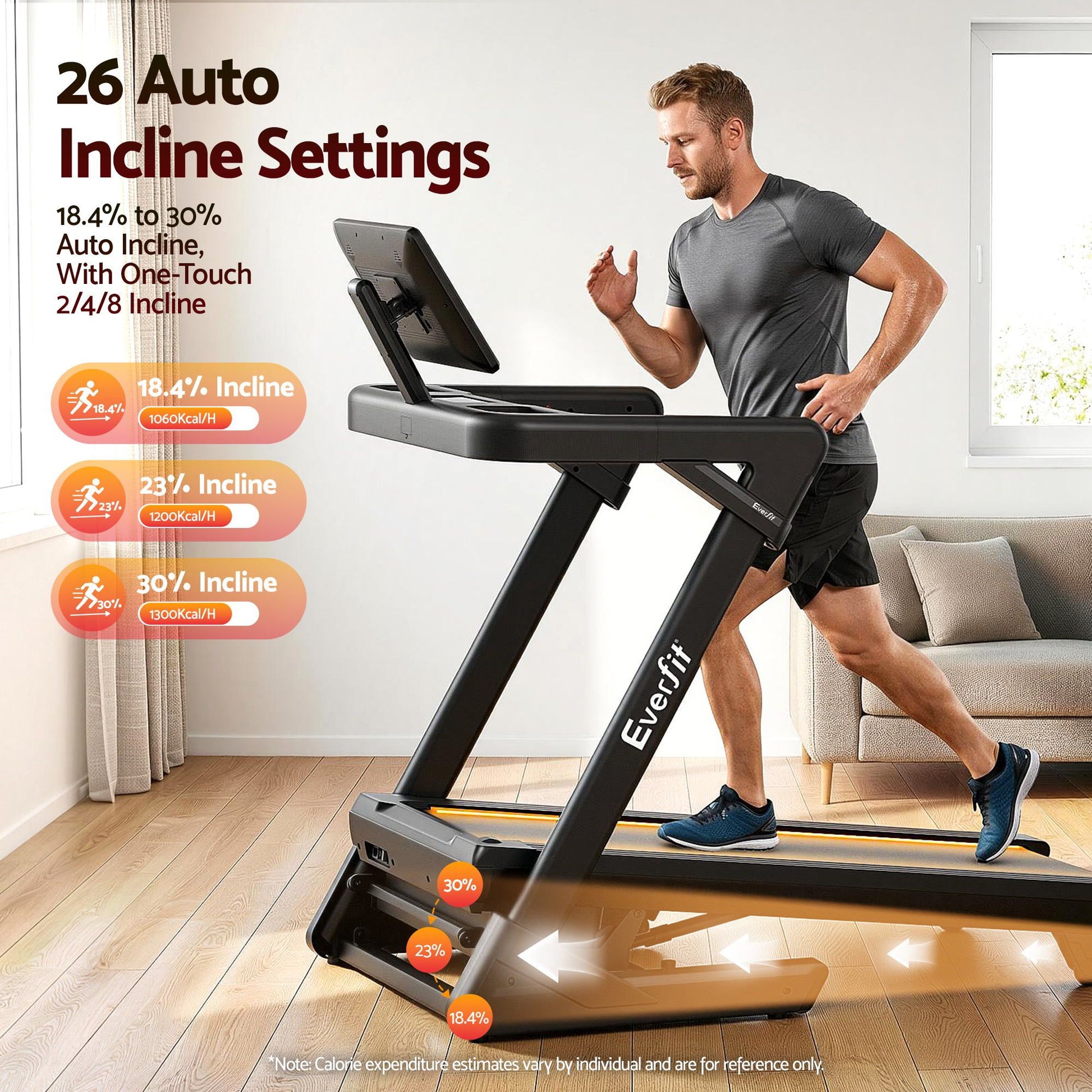 Everfit 500mm Wide Belt Treadmill 30% Auto Incline Foldable Treadmills for Home with LED Lights TMILL-500-AUTO