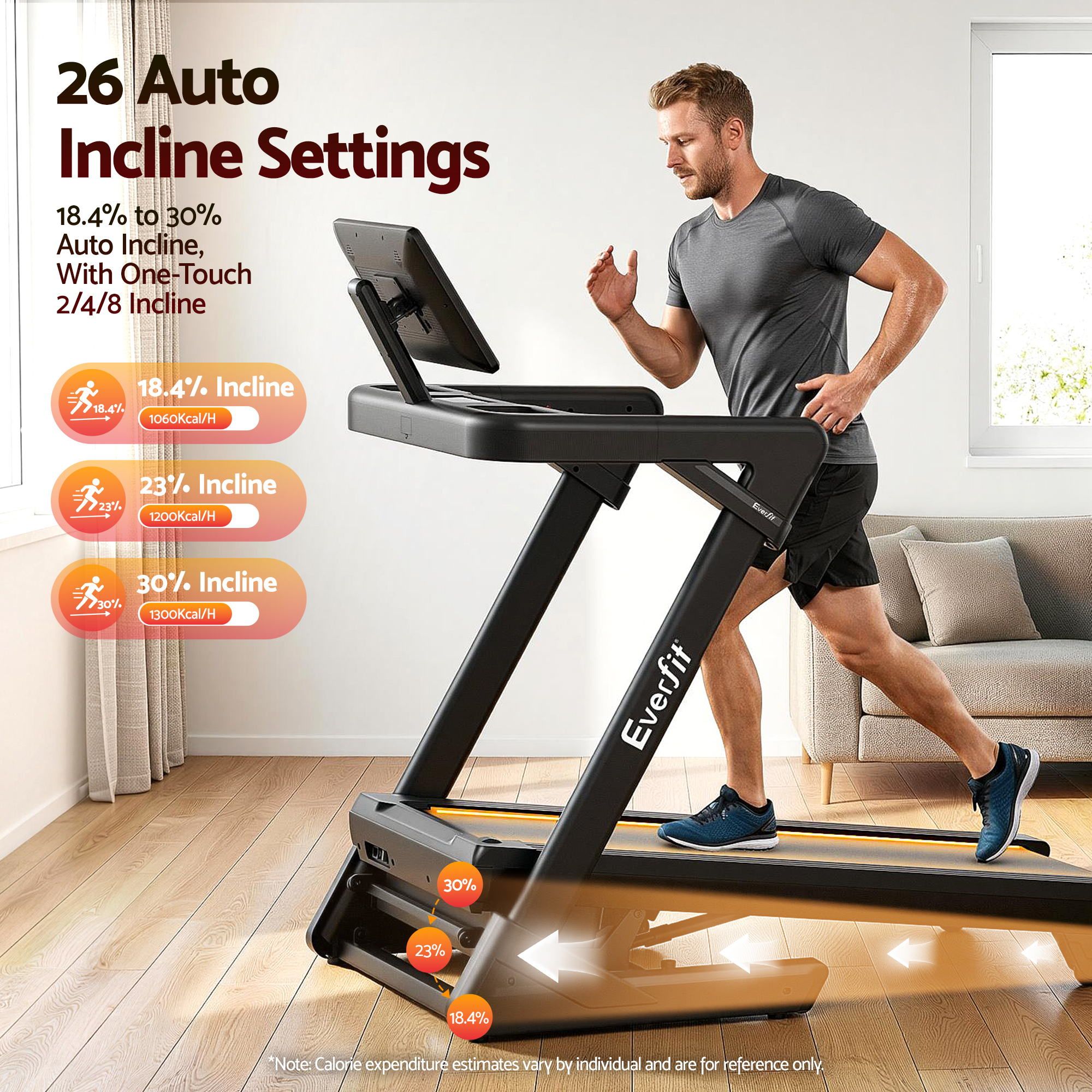 Everfit 500mm Wide Belt Treadmill 30% Auto Incline Foldable Treadmills for Home with LED Lights TMILL-500-AUTO