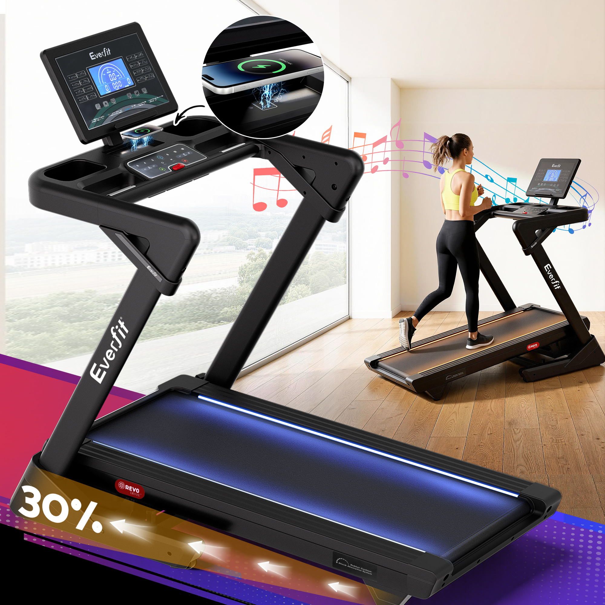Everfit 500mm Wide Belt Treadmill 30% Auto Incline Foldable Treadmills for Home with LED Lights TMILL-500-AUTO