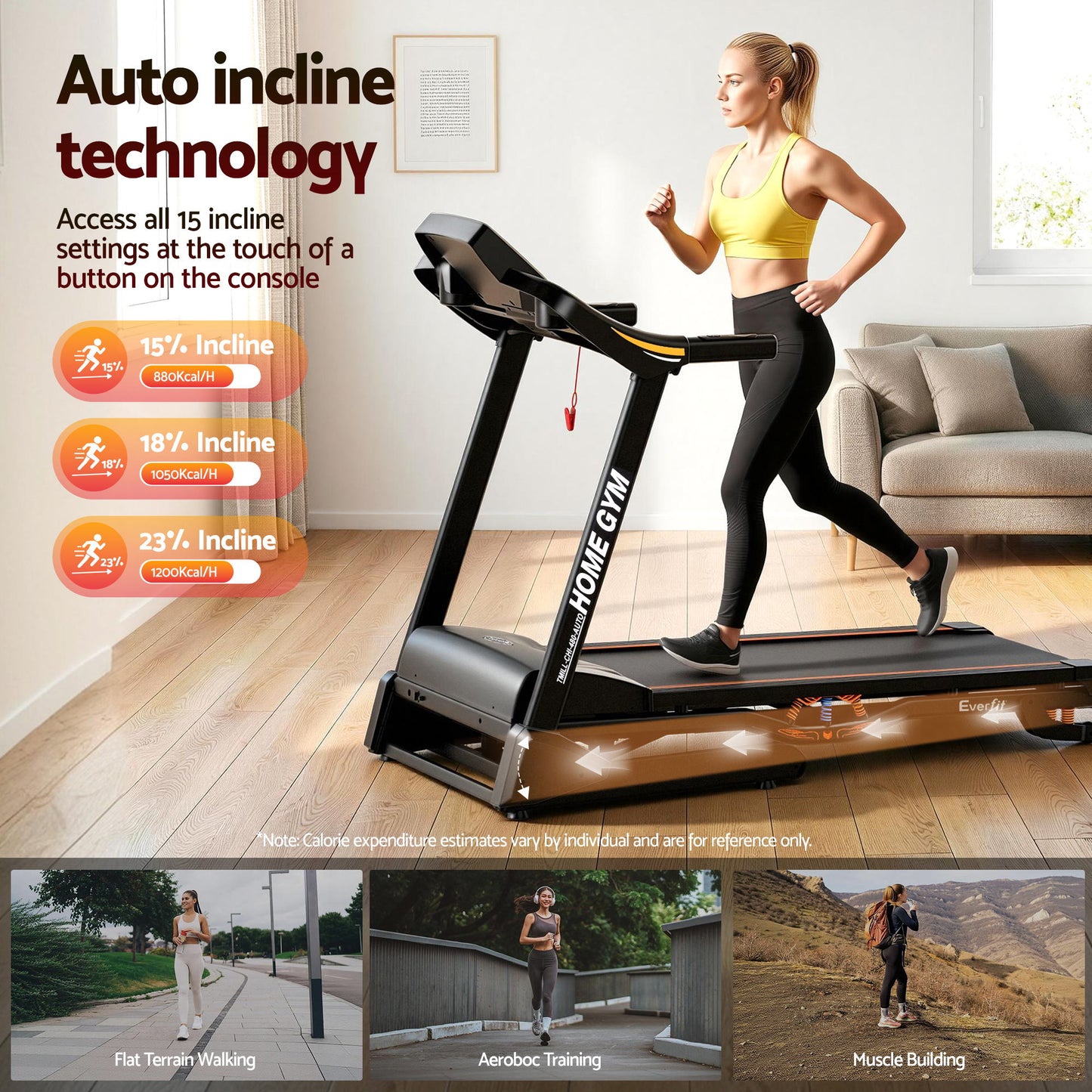 Everfit Treadmill Electric Auto Incline Home Gym Fitness Exercise Machine 480mm TMILL-CHI-480-AUTO