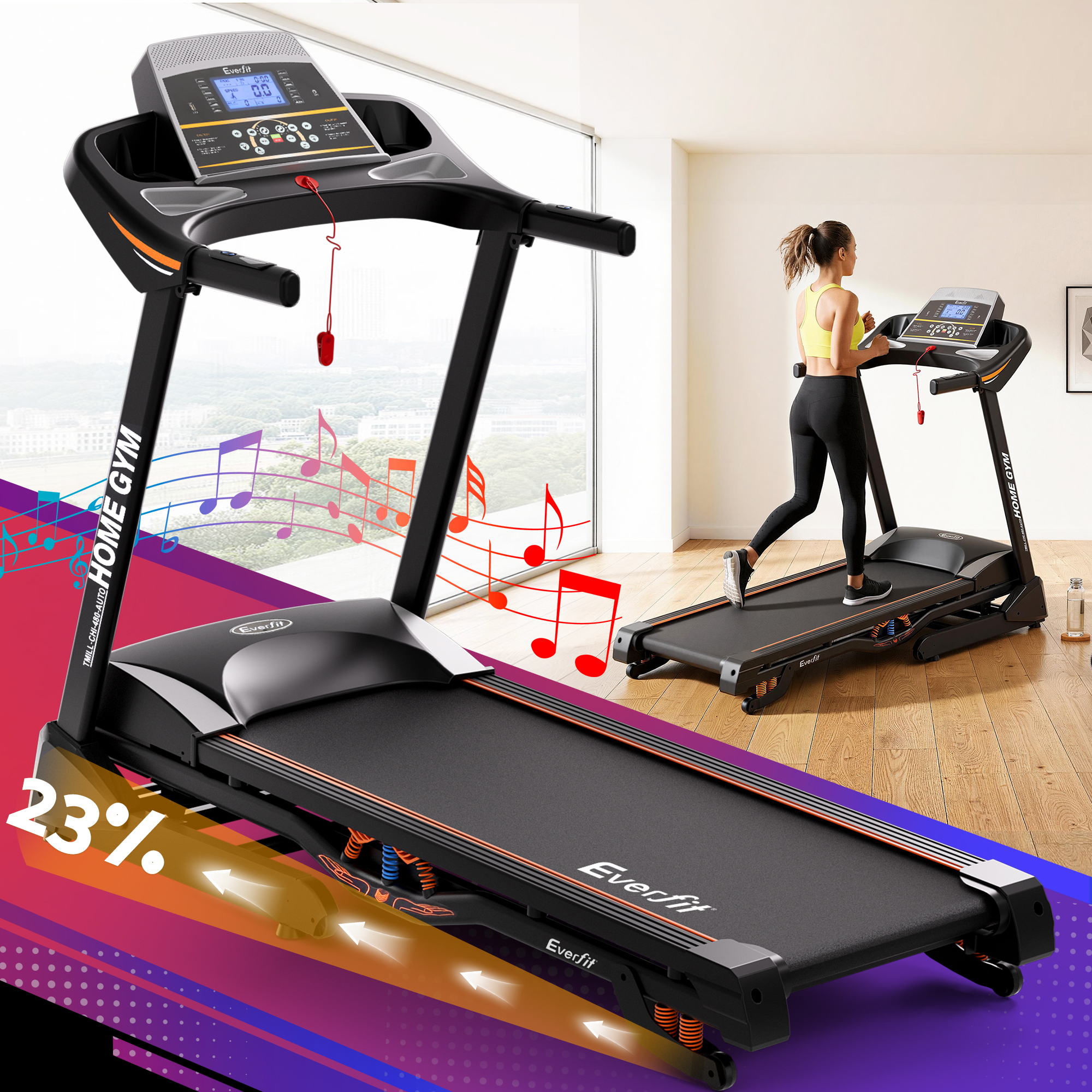 Everfit Treadmill Electric Auto Incline Home Gym Fitness Exercise Machine 480mm