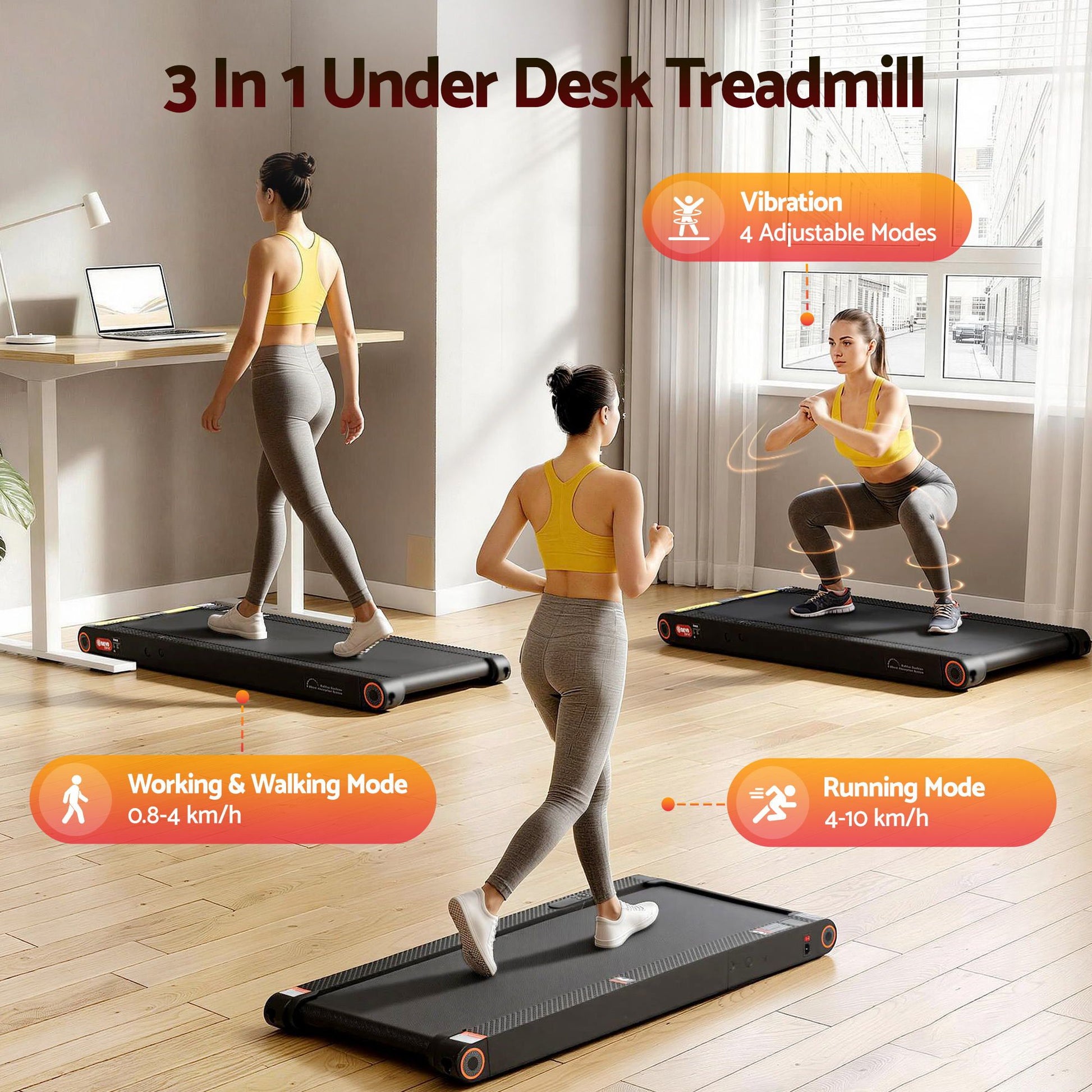 Everfit 4 in 1 Vibration Walking Pad Treadmill Under Desk Treadmills for Home Gym with App Control 380mm Black TMILL-MIG-380-VB