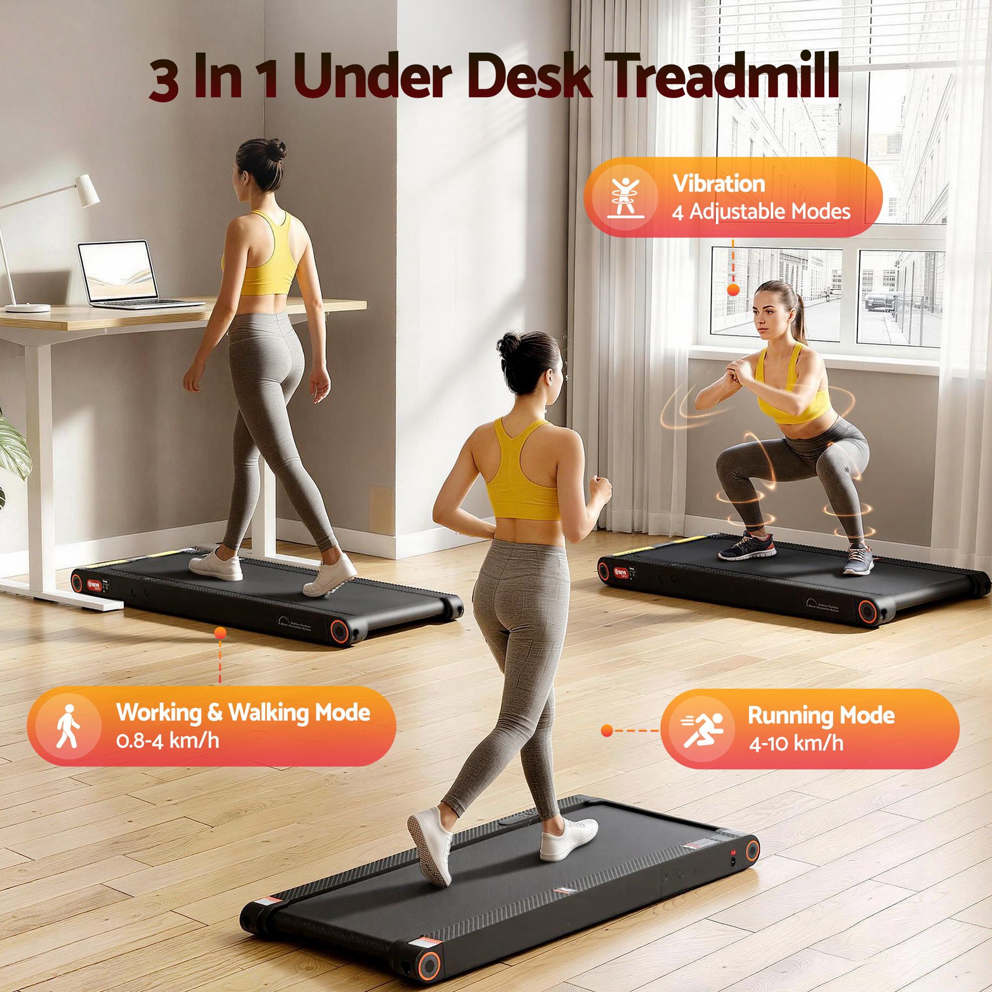 Everfit 4 in 1 Vibration Walking Pad Treadmill Under Desk Treadmills for Home Gym with App Control 380mm Black TMILL-MIG-380-VB