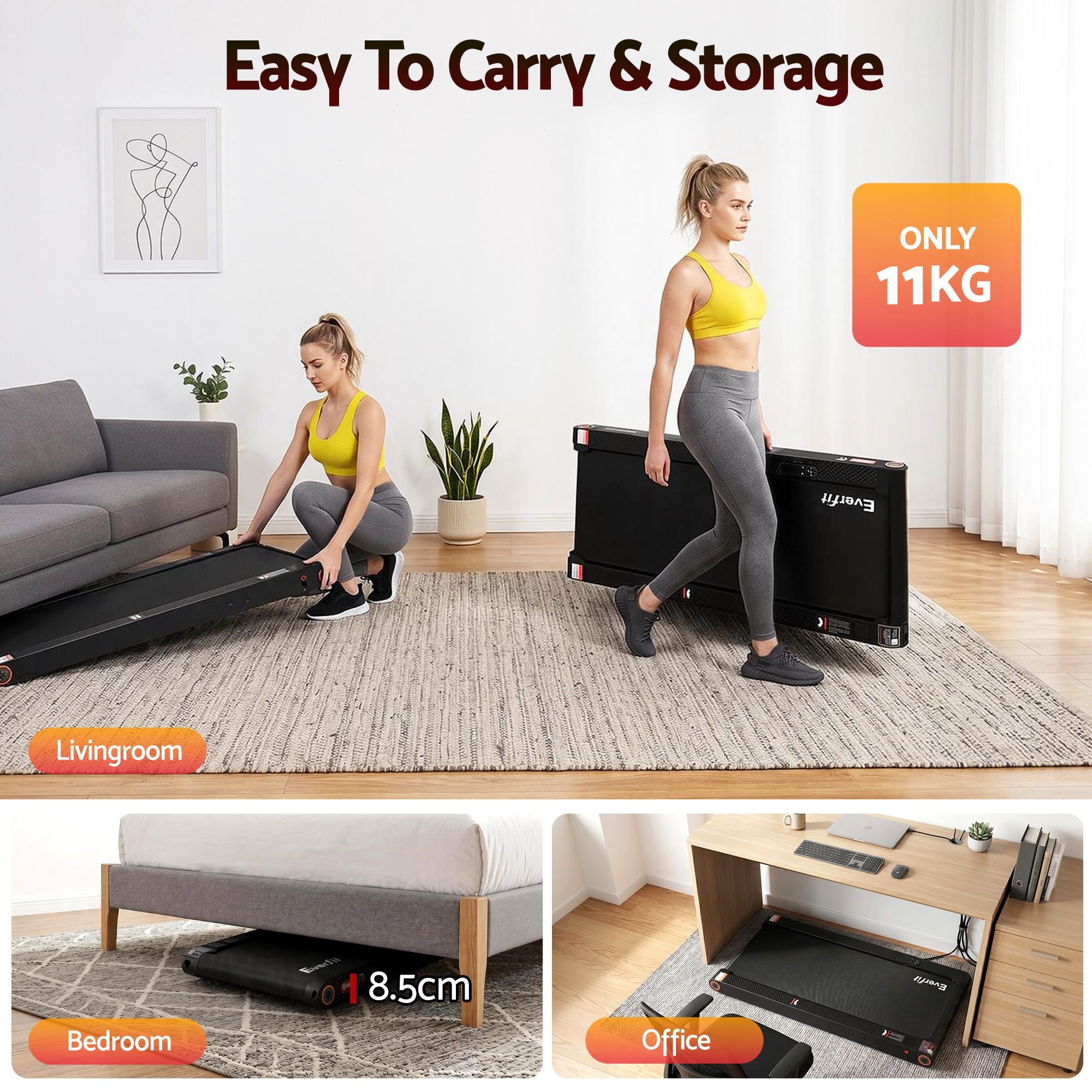 Everfit 4 in 1 Vibration Walking Pad Treadmill Under Desk Treadmills for Home Gym with App Control 380mm Black TMILL-MIG-380-VB