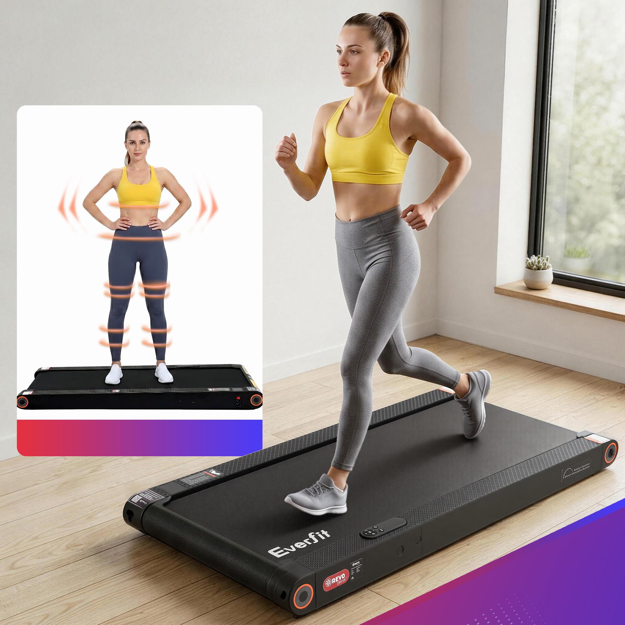 Everfit 4 in 1 Vibration Walking Pad Treadmill Under Desk Treadmills for Home Gym with App Control 380mm Black TMILL-MIG-380-VB