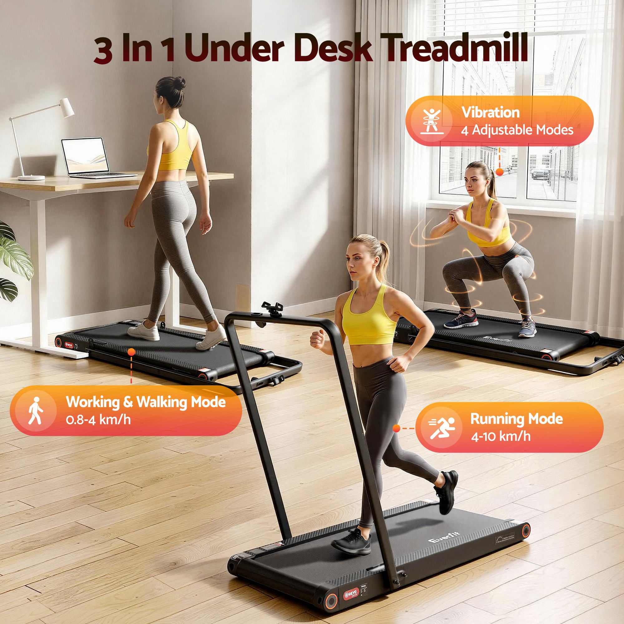 Everfit 4 in 1 Vibration Walking Pad Treadmill Under Desk Treadmills for Home Gym with App Control 380mm Black TMILL-MIG-380-VBH