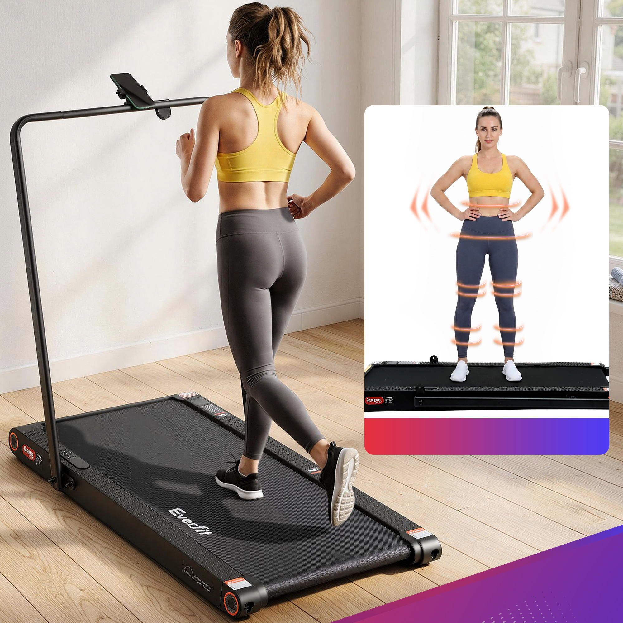 Everfit 4 in 1 Vibration Walking Pad Treadmill Under Desk Treadmills for Home Gym with App Control 380mm Black TMILL-MIG-380-VBH
