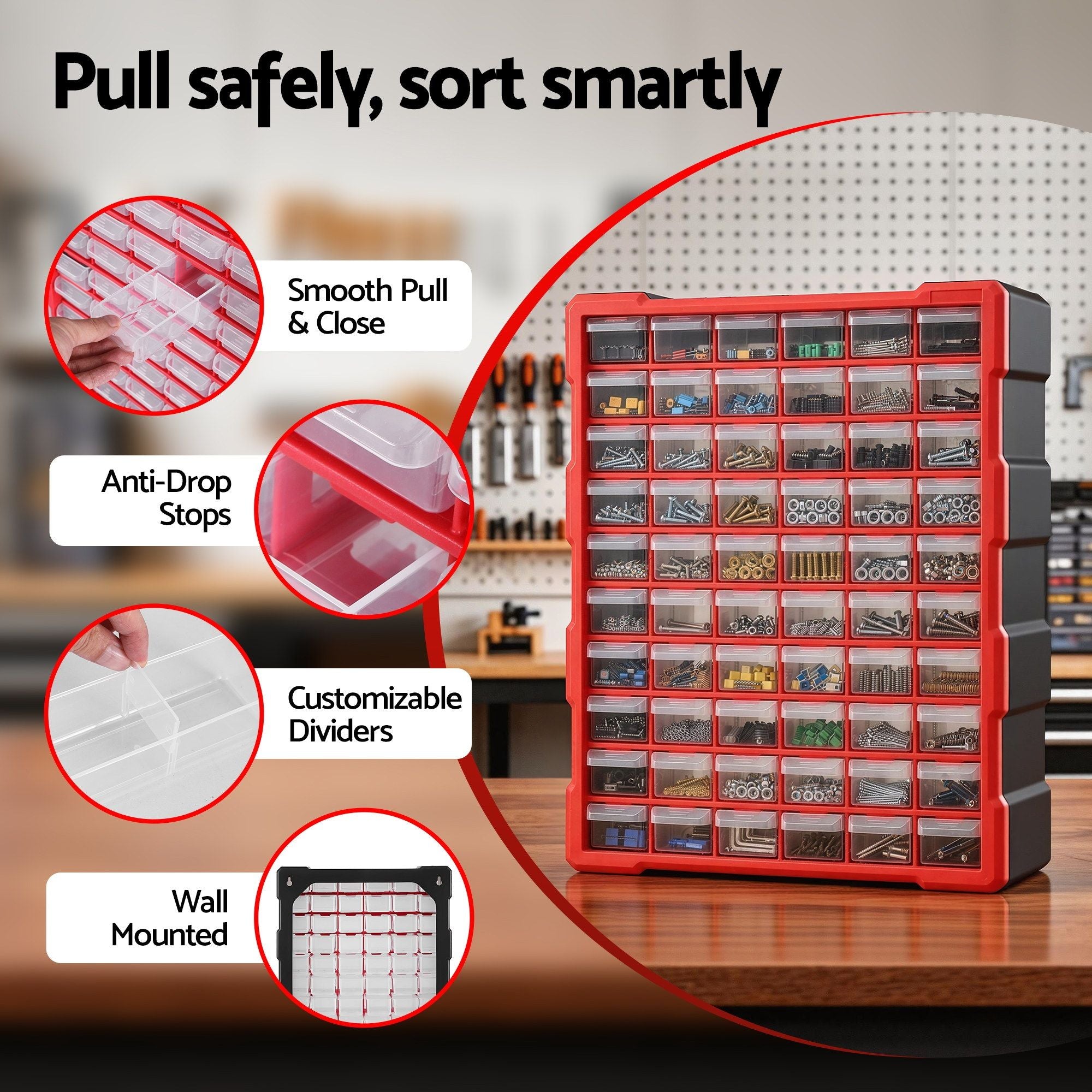 Giantz 60-Drawer Tool Storage Cabinet, Anti-Drop Hardware Organizer Storage Box TO-SCREW-60BIN-RD