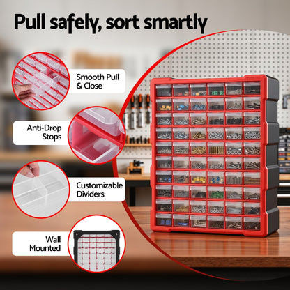 Giantz 60-Drawer Tool Storage Cabinet, Anti-Drop Hardware Organizer Storage Box TO-SCREW-60BIN-RD