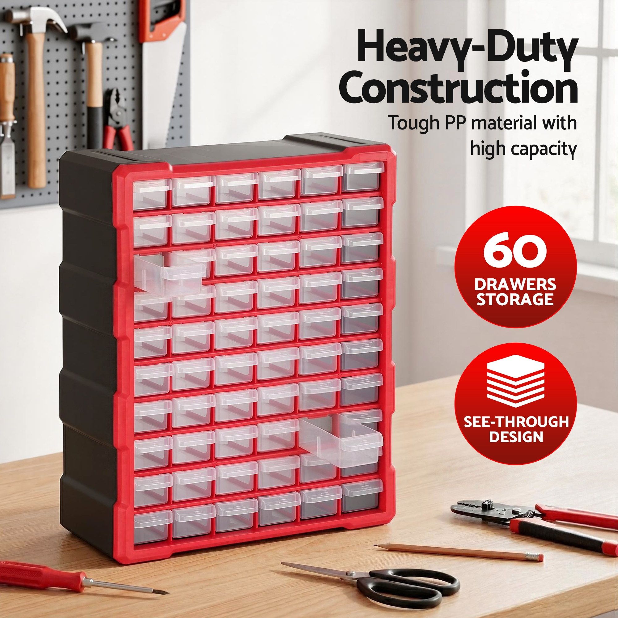 Giantz 60-Drawer Tool Storage Cabinet, Anti-Drop Hardware Organizer Storage Box TO-SCREW-60BIN-RD