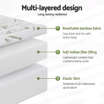 Giselle Bedding 1500GSM Pillowtop Mattress Topper Bamboo Mattress Pad for Back Pain Relief Washable 11cm TOPPER-BAM-11-K