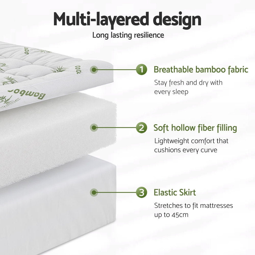 Giselle Bedding 1500GSM Pillowtop Mattress Topper Bamboo Mattress Pad for Back Pain Relief Washable 11cm TOPPER-BAM-11-S