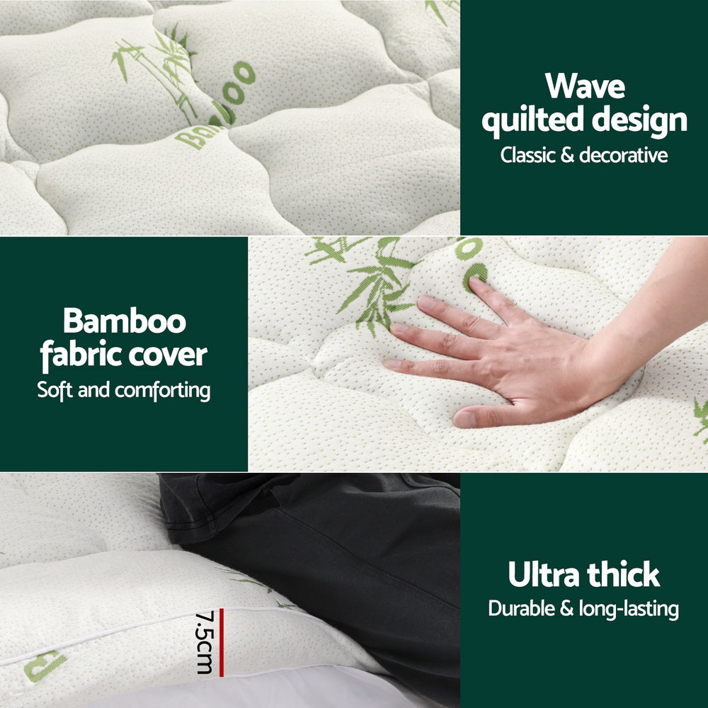 Giselle Bedding Pillowtop Mattress Topper 7.5cm Thick Bamboo Pad for Back Pain Relief Washable Skin-friendly Bed Protector with 45cm Deep Pocket King