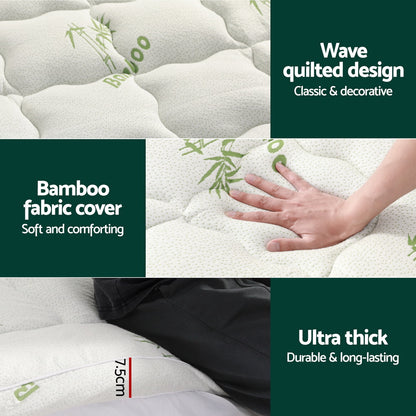 Giselle Bedding Pillowtop Mattress Topper 7.5cm Thick Bamboo Pad for Back Pain Relief Washable Skin-friendly TOPPER-BAM75-S