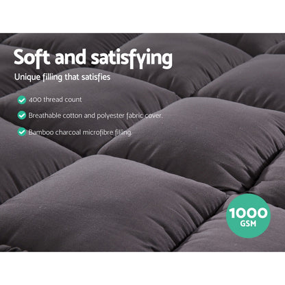 Giselle Bedding Bamboo Charcoal Filling Pillowtop Topper 1000GSM 5cm Thick Pillowtop Pad for Back Pain Relief TOPPER-CHAR-K