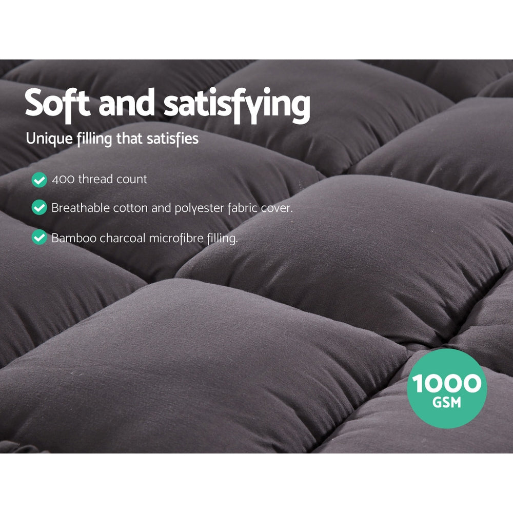 Giselle Bedding Bamboo Charcoal Filling Pillowtop Topper 1000GSM 5cm Thick Pillowtop Pad for Back Pain Relief TOPPER-CHAR-S