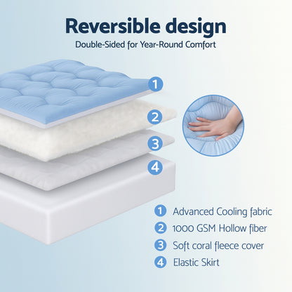Giselle Bedding Pillowtop Mattress Topper 5cm Reversible Cooling & Soft Coral Fleece Pad for Back Pain TOPPER-DS-D