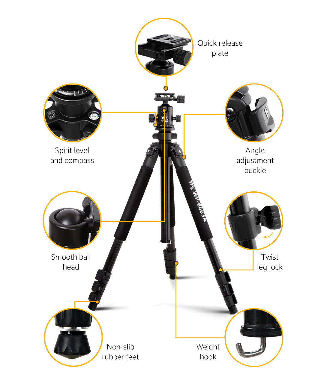 Weifeng Professional Camera Tripod Stand Mount DSLR Travel Adjustable 64-173cm TP-WT6663A
