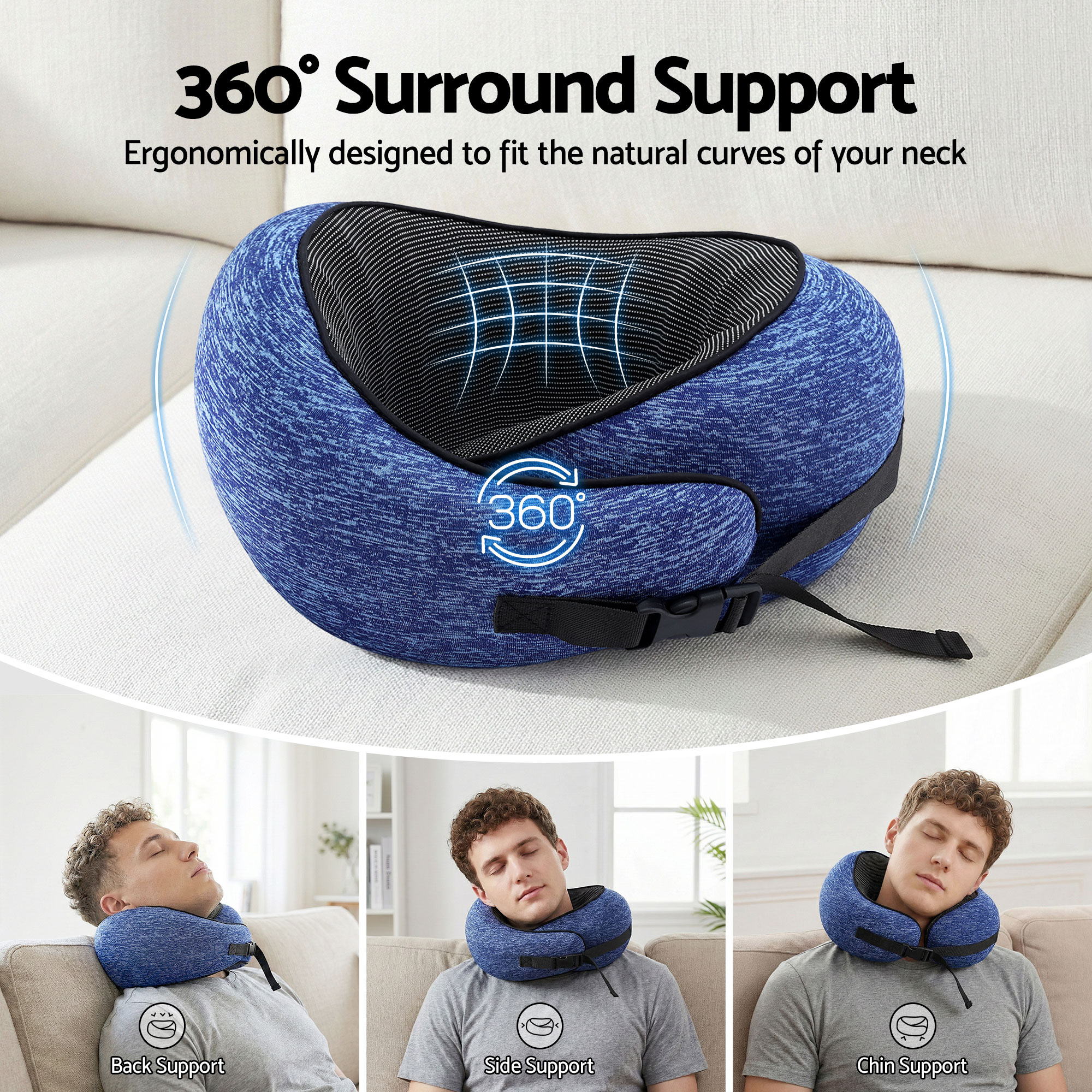 Wanderlite Travel Pillows for Airplanes Ergonomic Memory Foam Neck Pillow, Breathable & Washable Cover, TR-PI-RND-01-BL
