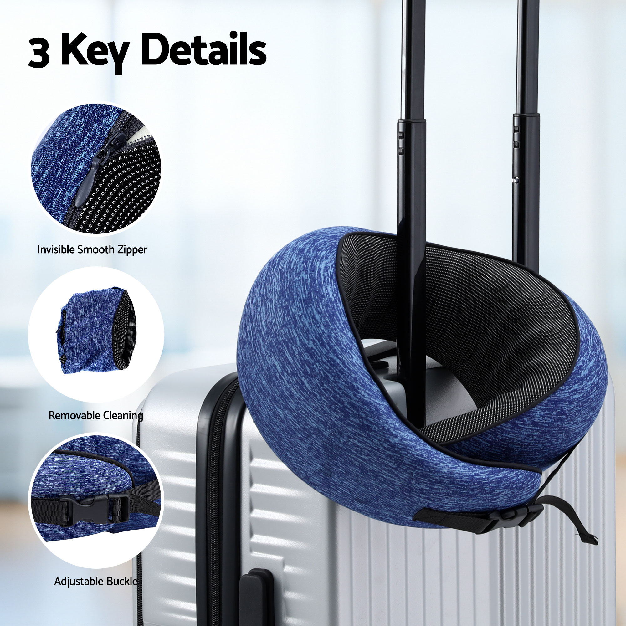 Wanderlite Travel Pillows for Airplanes Ergonomic Memory Foam Neck Pillow, Breathable & Washable Cover, TR-PI-RND-01-BL