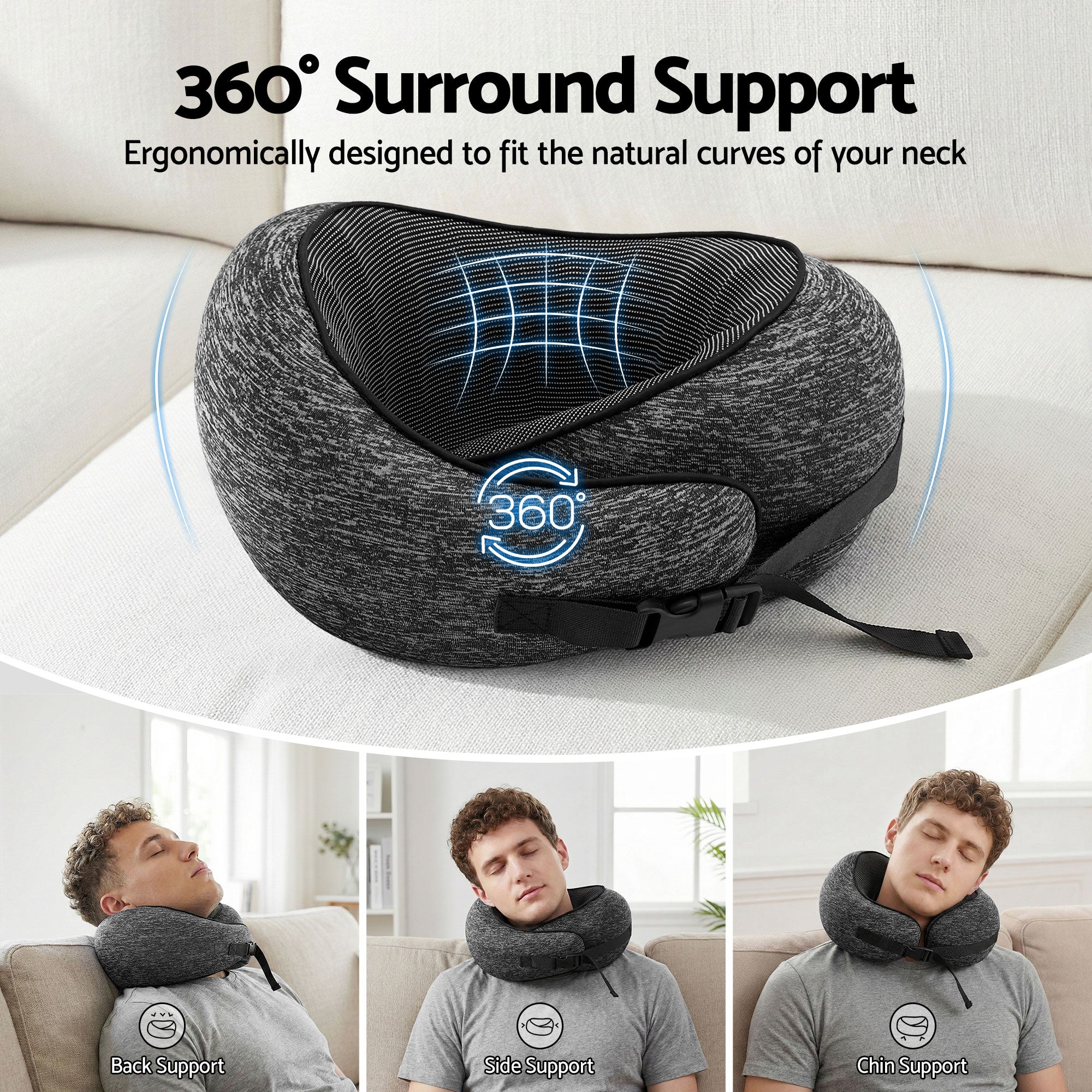Wanderlite Travel Pillows for Airplanes Ergonomic Memory Foam Neck Pillow, Breathable & Washable Cover, TR-PI-RND-01-GY