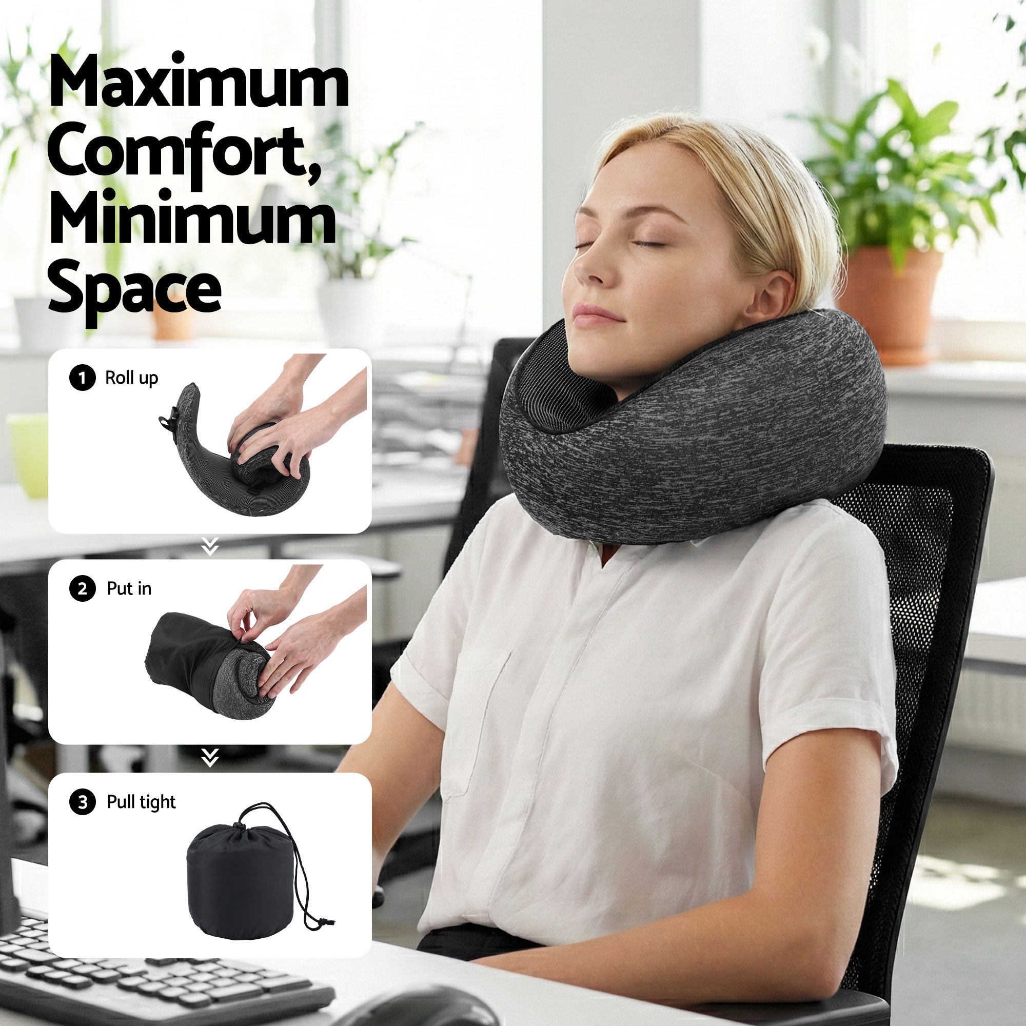 Wanderlite Travel Pillows for Airplanes Ergonomic Memory Foam Neck Pillow, Breathable & Washable Cover, TR-PI-RND-01-GY