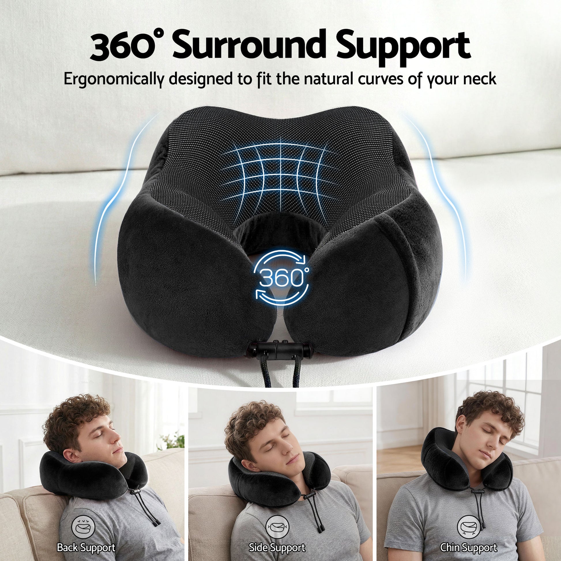 Wanderlite Travel Pillow for Airplanes Memory Foam Neck Pillows for Traveling, Soft & Washable Cover with TR-PI-U-01-BK